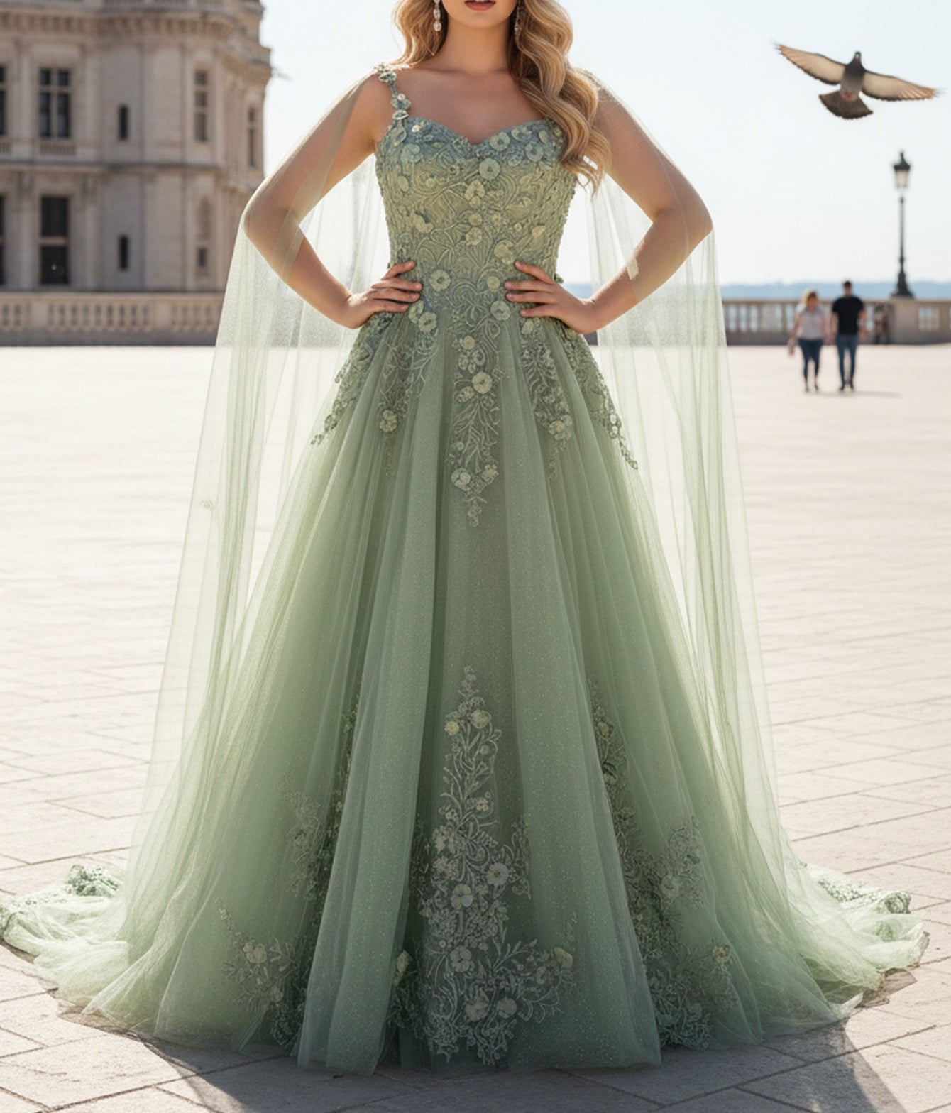 3D Flowers Big Bow Back Lace A-Line Backless Long Prom Dress With Shawl - Mint Green