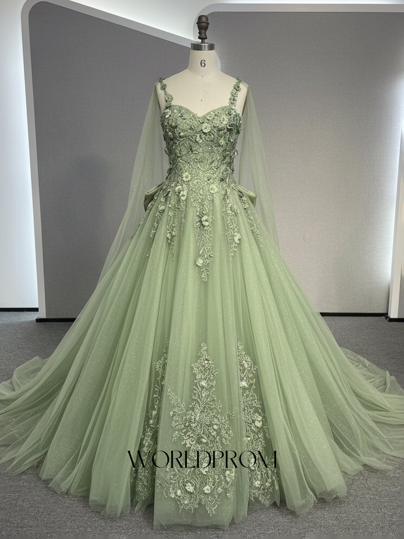 3D Flowers Big Bow Back Lace A-Line Backless Long Prom Dress With Shawl - Mint Green