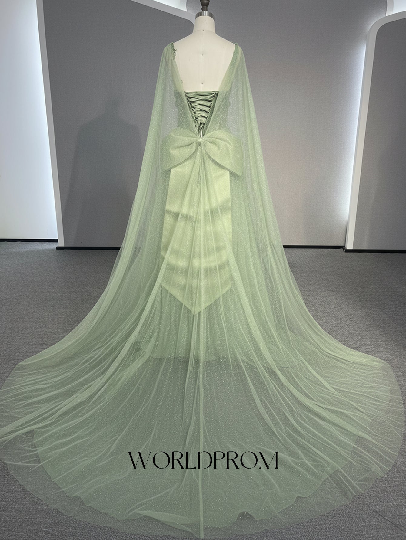 3D Flowers Big Bow Back Lace A-Line Backless Long Prom Dress With Shawl - Mint Green