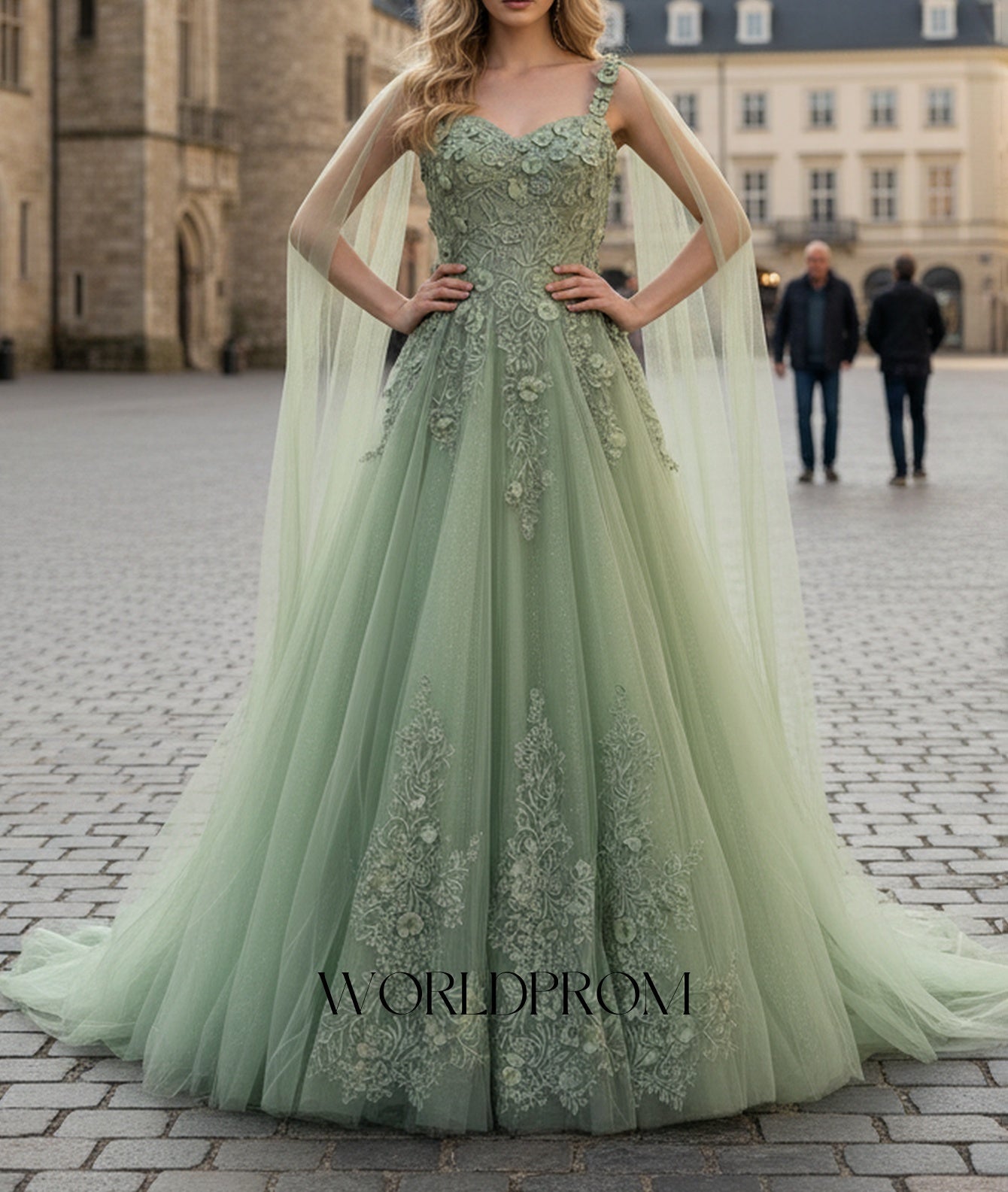 3D Flowers Big Bow Back Lace A-Line Backless Long Prom Dress With Shawl - Mint Green