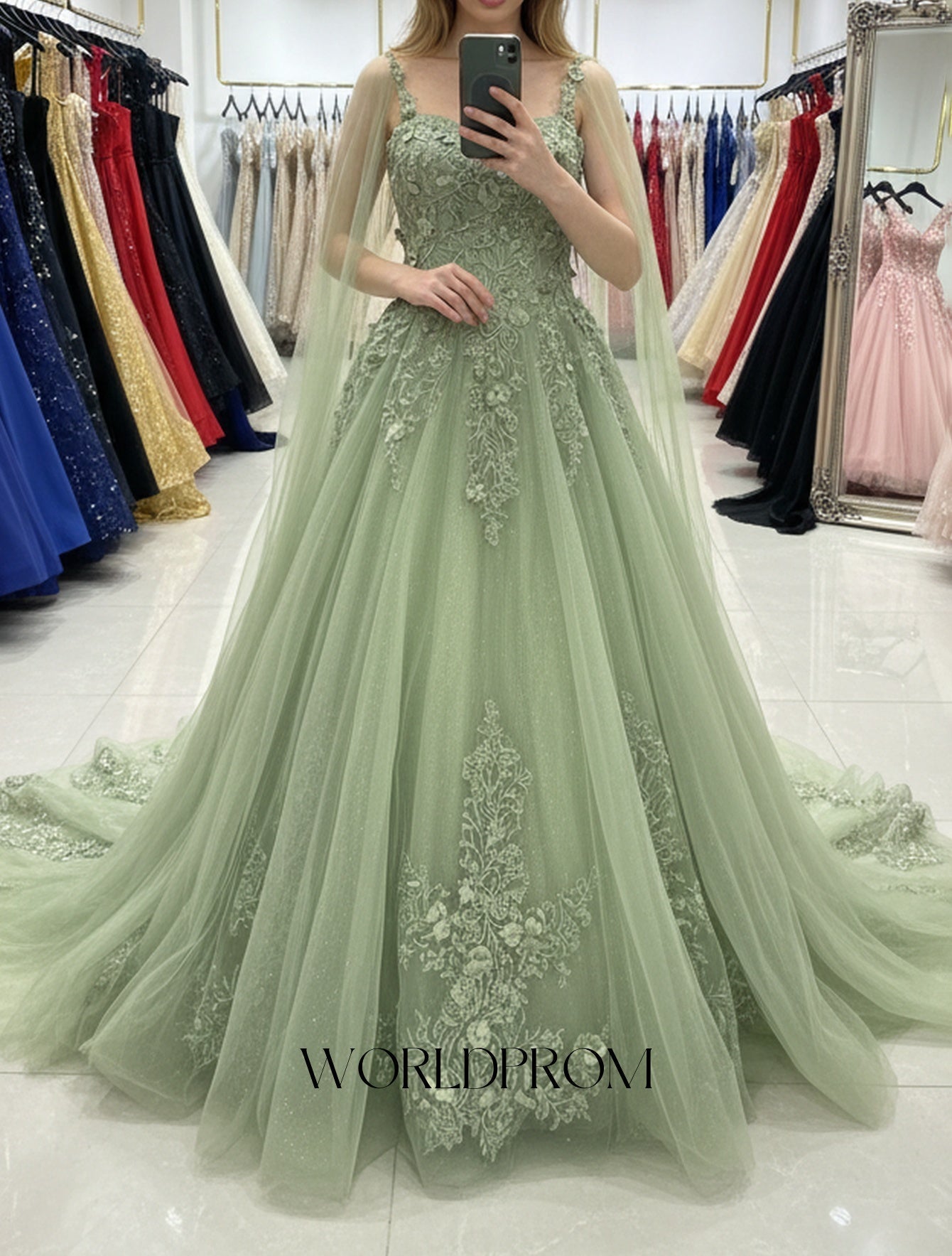 3D Flowers Big Bow Back Lace A-Line Backless Long Prom Dress With Shawl - Mint Green