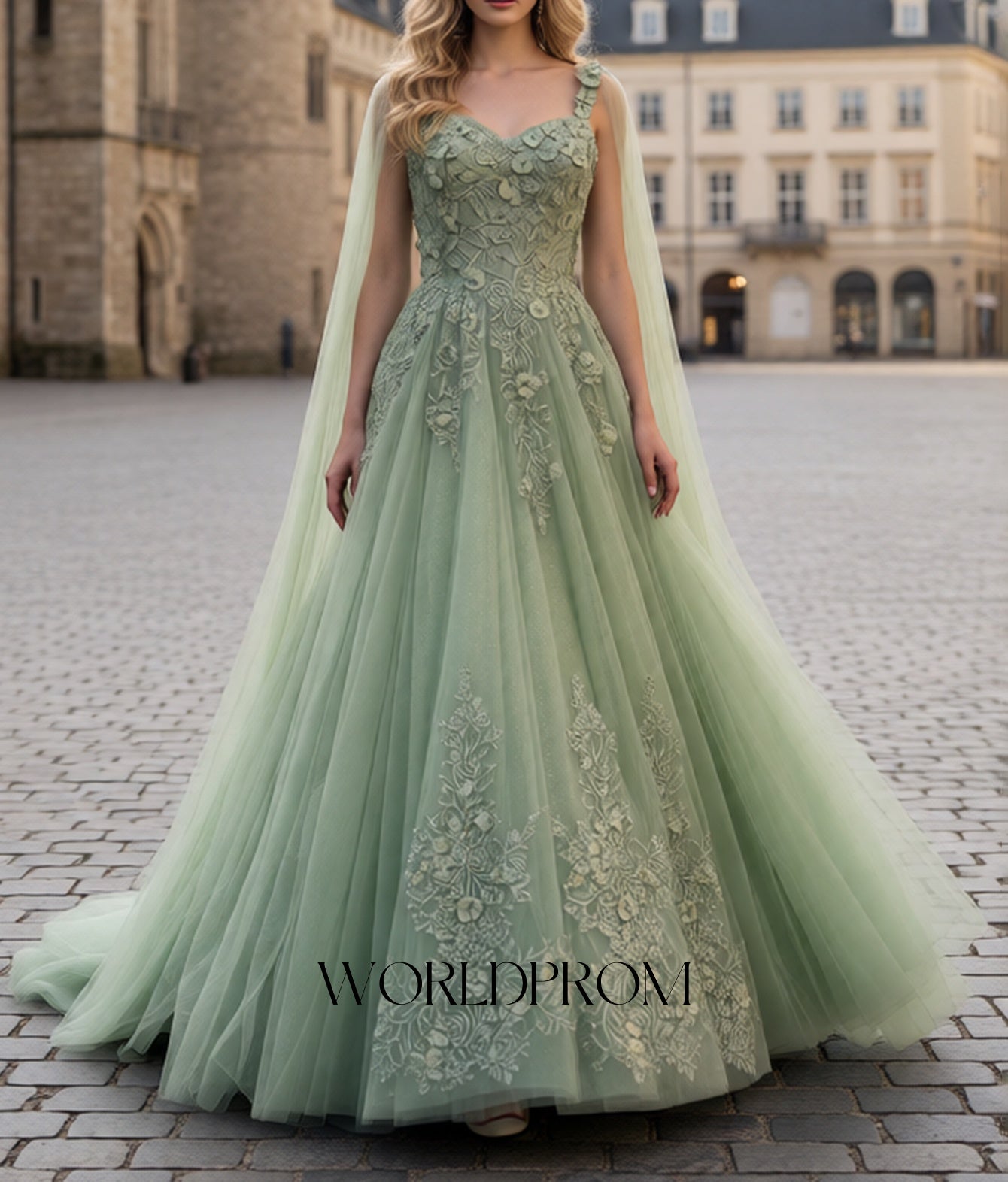 3D Flowers Big Bow Back Lace A-Line Backless Long Prom Dress With Shawl - Mint Green