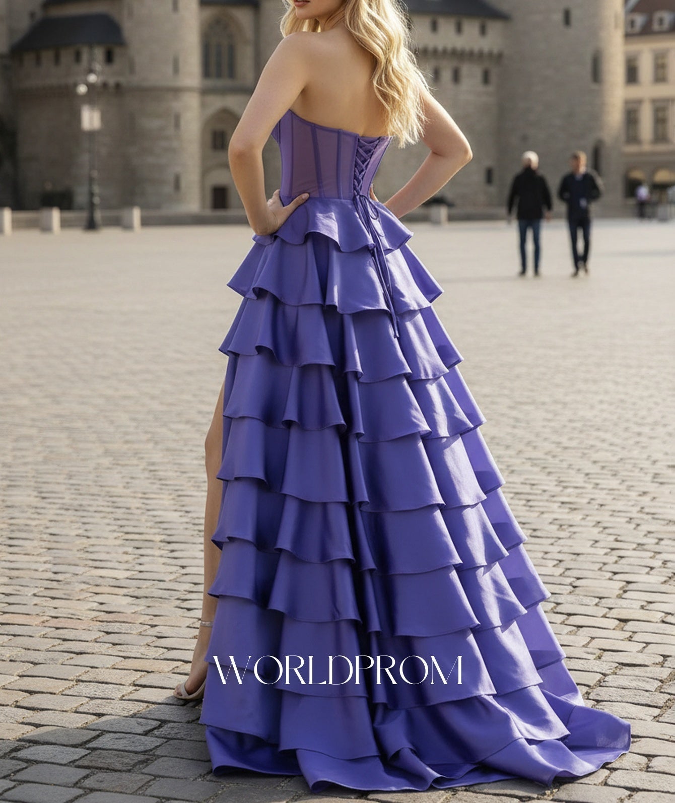 Ruched Bust Illusion Bodice Layered Ruffle Hem Long Ball Gown Prom Dress With Slit - Purple