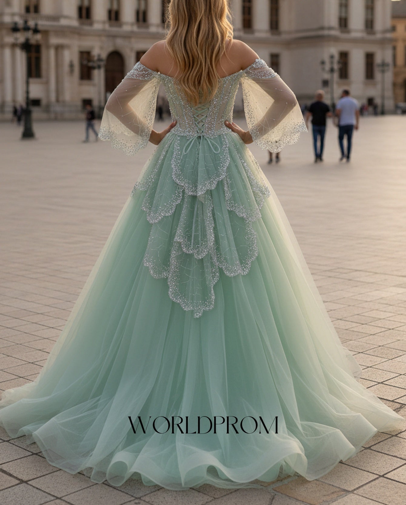 Sparkly Beading Off Shoulder Corset Ball Gown Long Prom Dress With Shawl - Mint Green