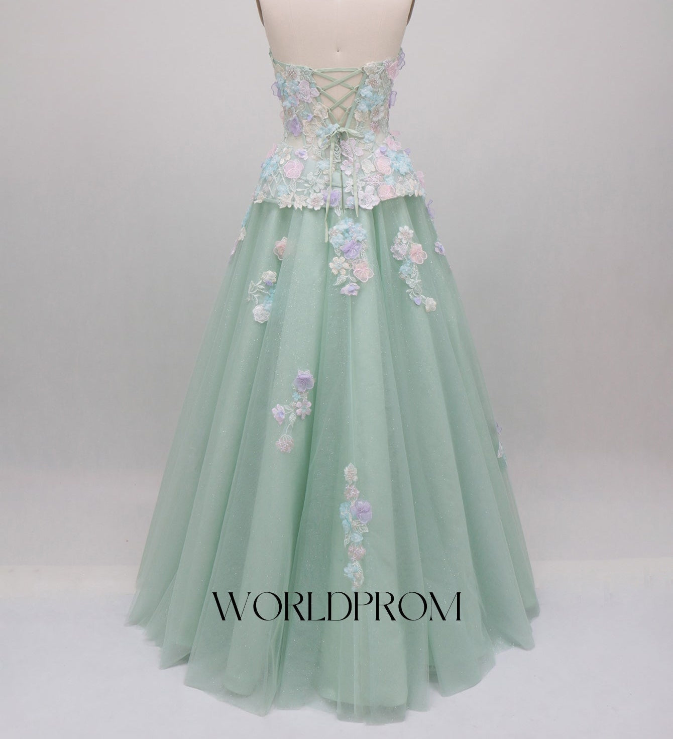 3D Flowers Sparkly Beading Corset Ball Gown Long Prom Dress - Mint Green