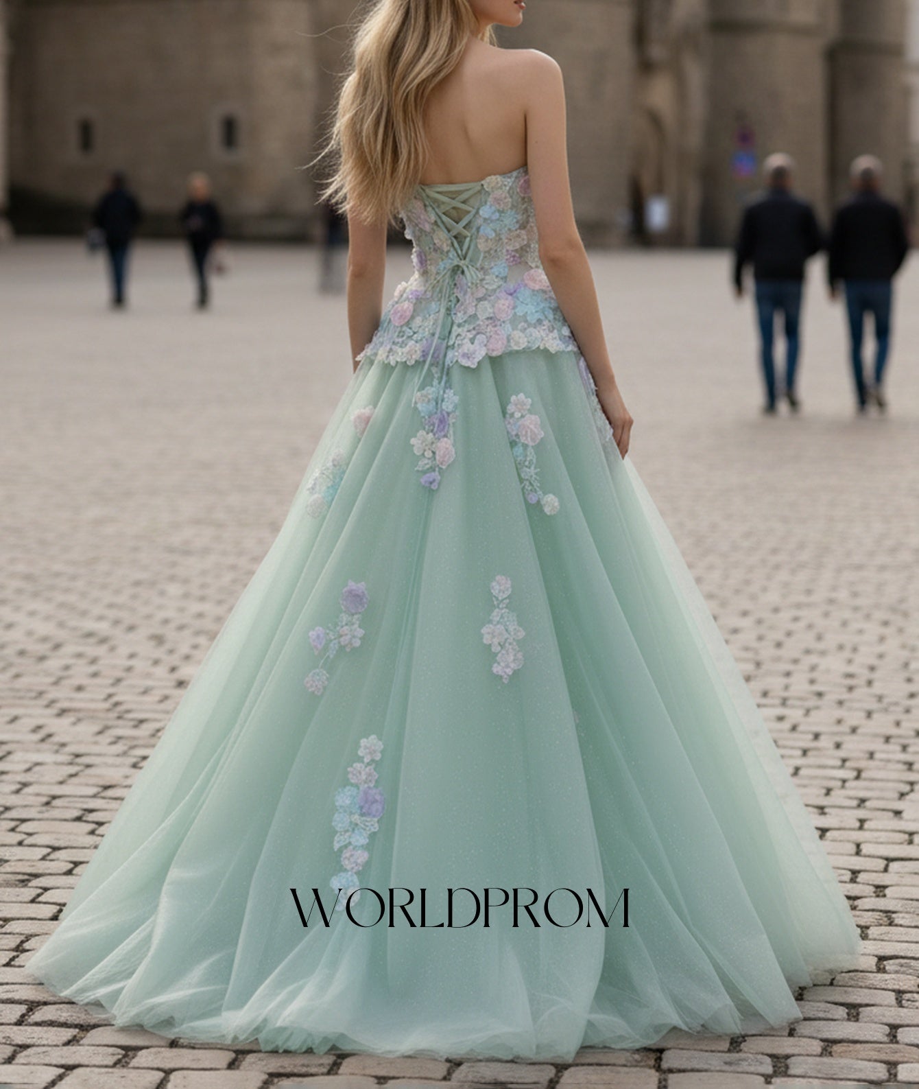 3D Flowers Sparkly Beading Corset Ball Gown Long Prom Dress - Mint Green