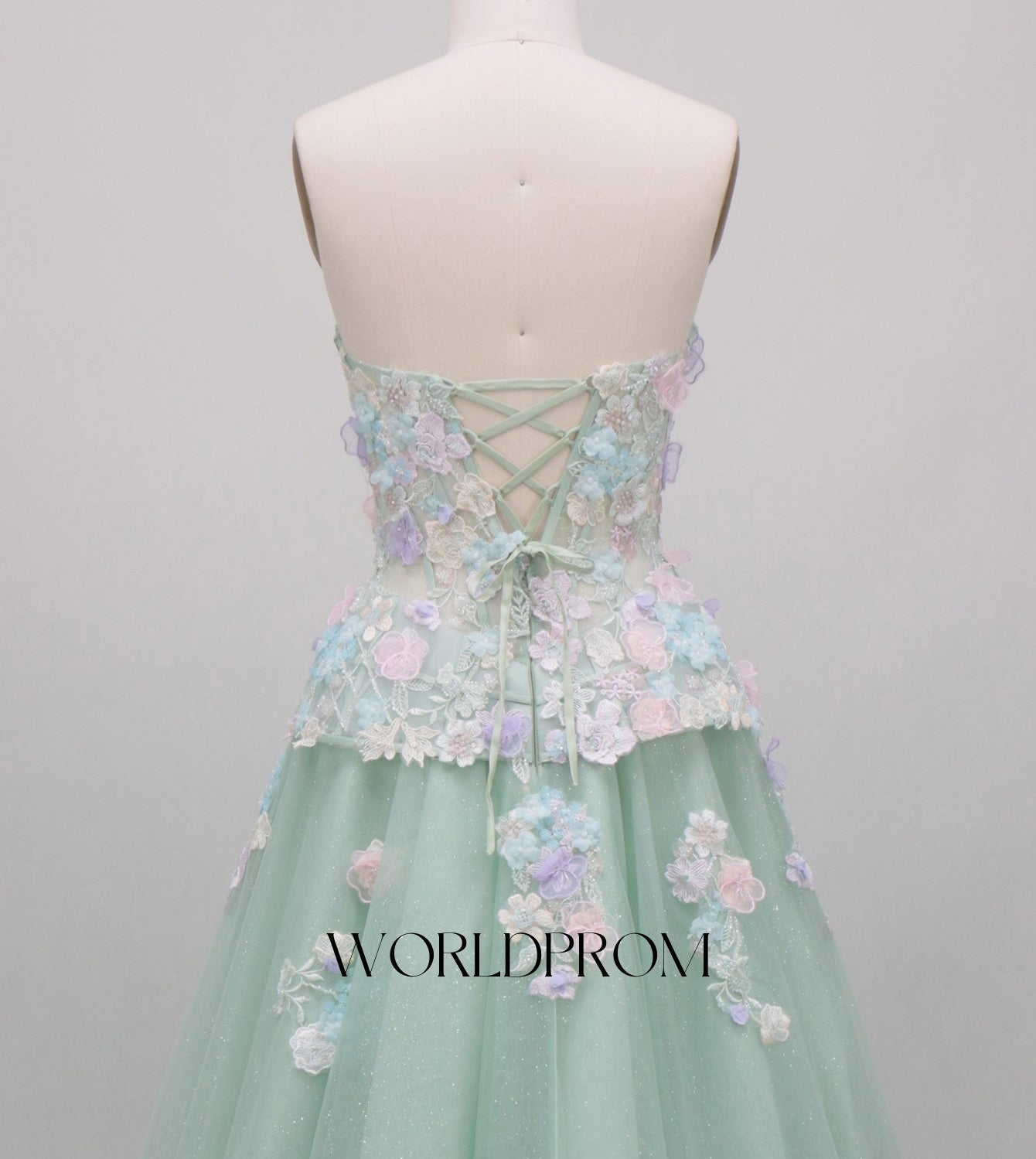 3D Flowers Sparkly Beading Corset Ball Gown Long Prom Dress - Mint Green