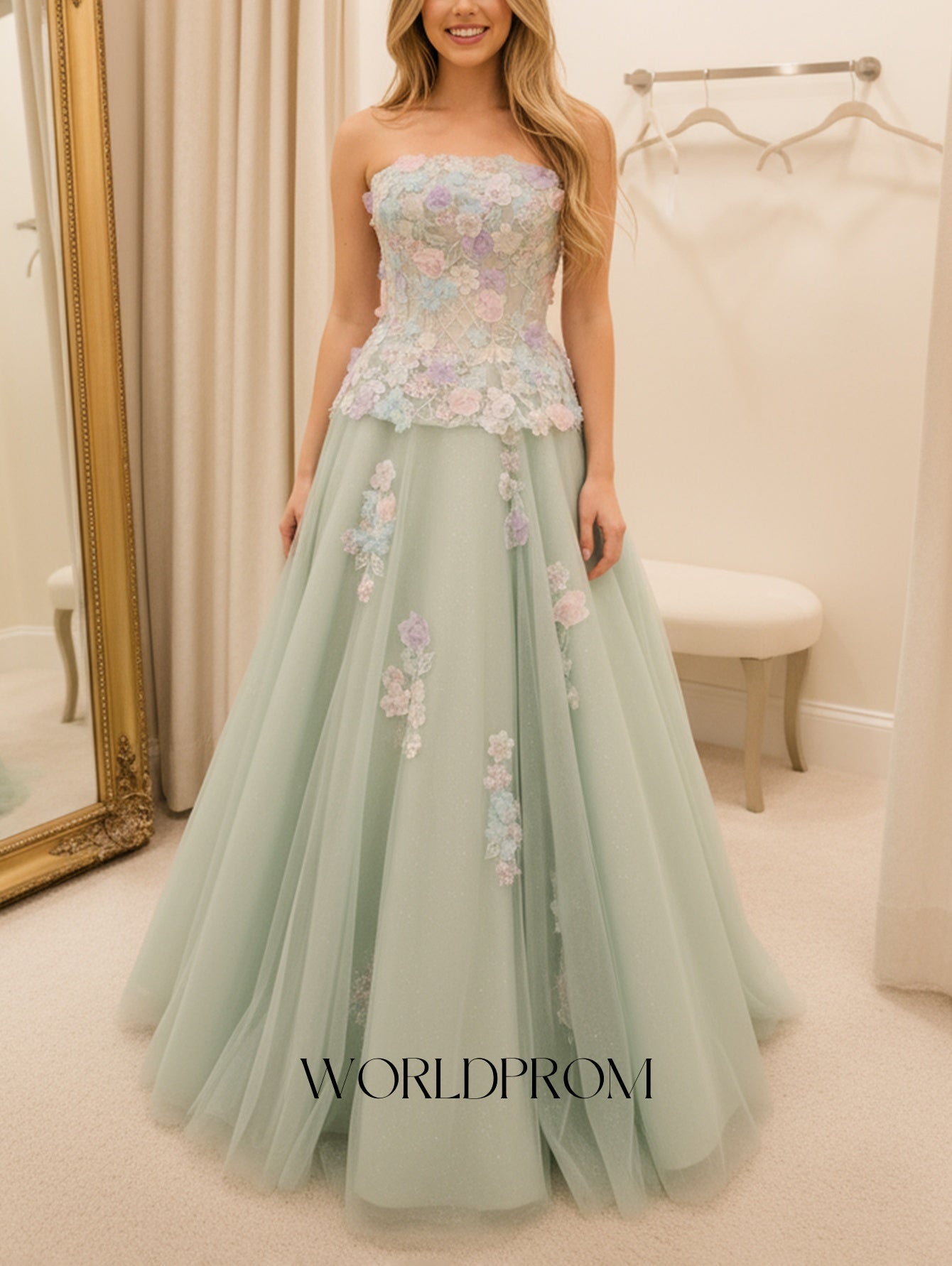 3D Flowers Sparkly Beading Corset Ball Gown Long Prom Dress - Mint Green