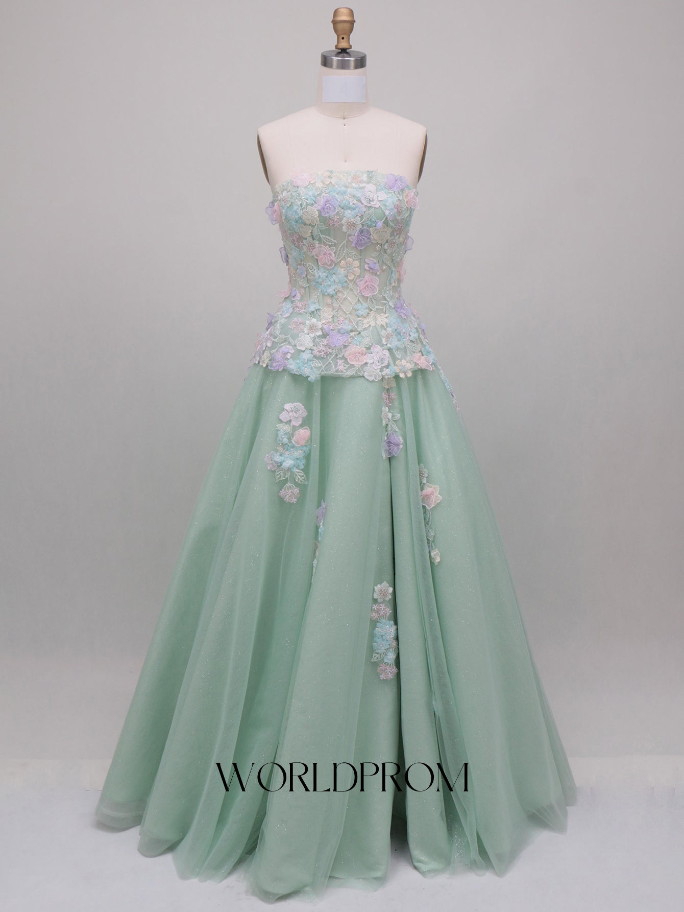 3D Flowers Sparkly Beading Corset Ball Gown Long Prom Dress - Mint Green