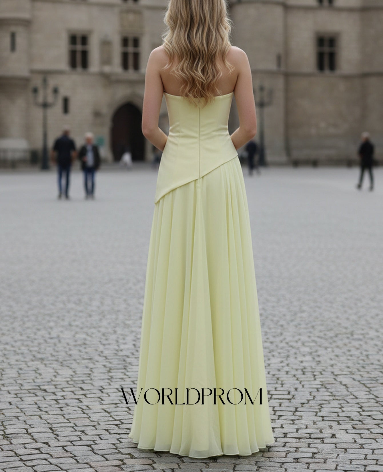 Strapless Corset Chiffon A-Line Long Prom Dress With Slit - Goose Yellow