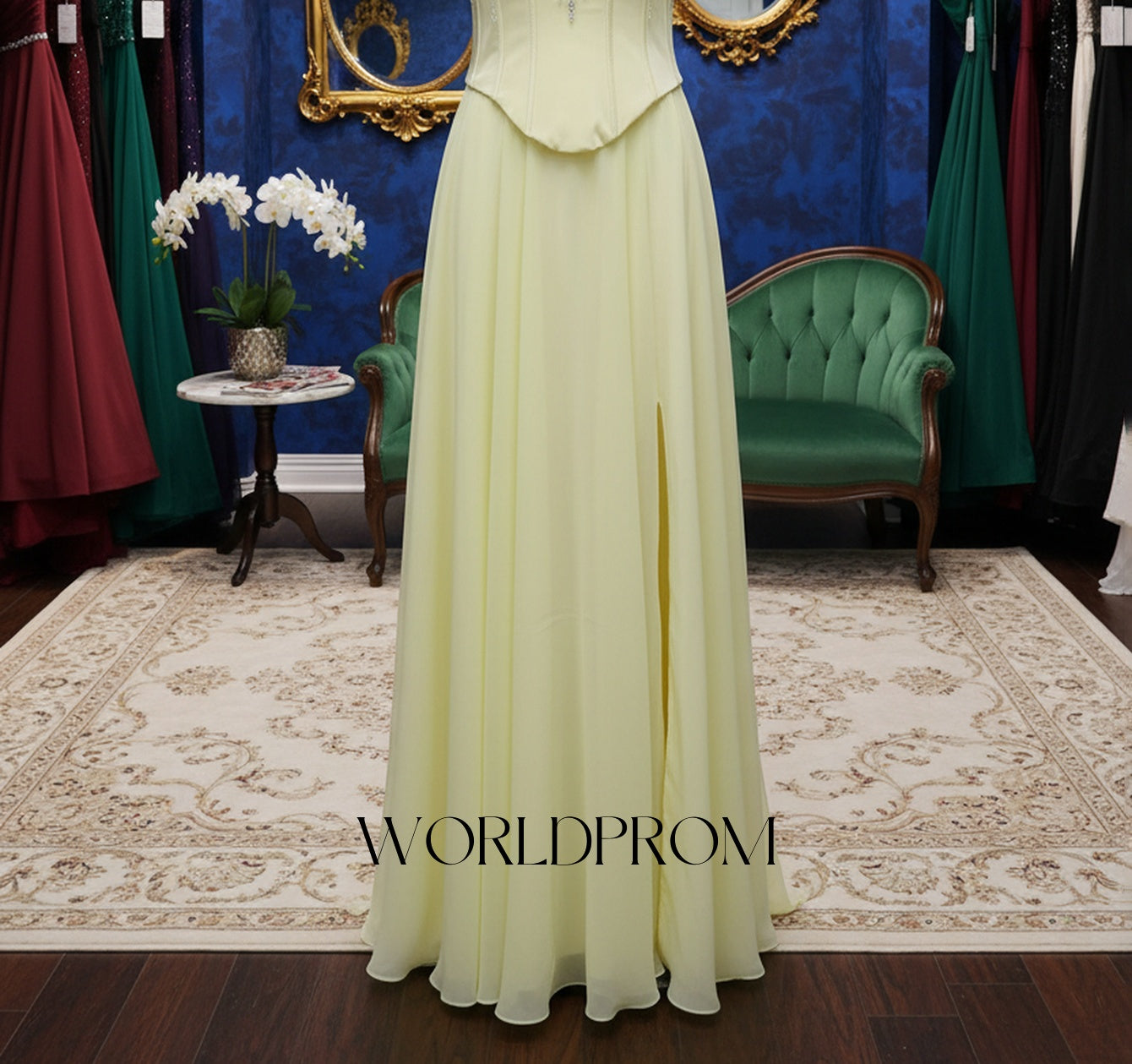 Halter Sparkly Beading Corset A-Line Long Prom Dress With Slit - Goose Yellow