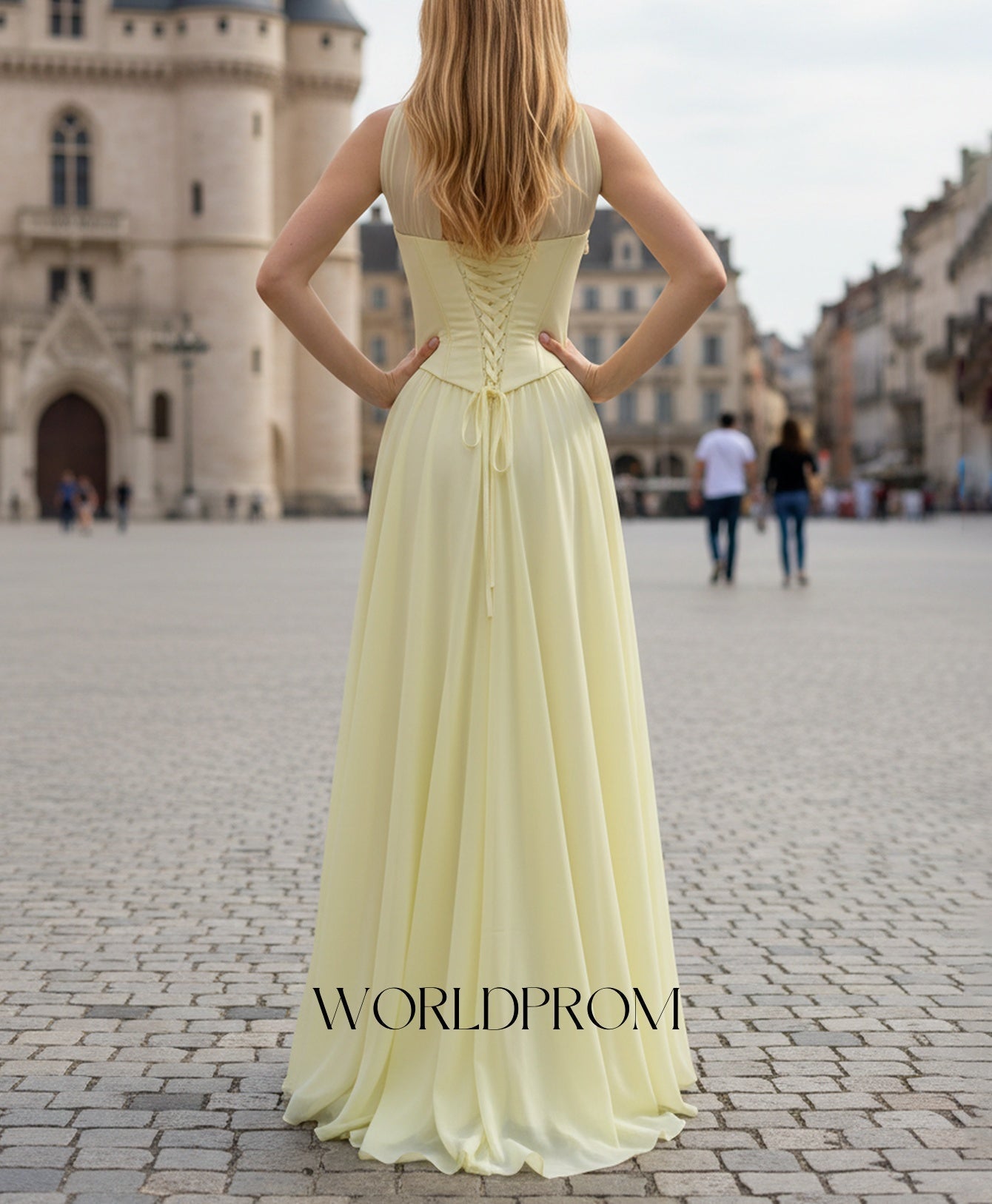 Halter Sparkly Beading Corset A-Line Long Prom Dress - Goose Yellow