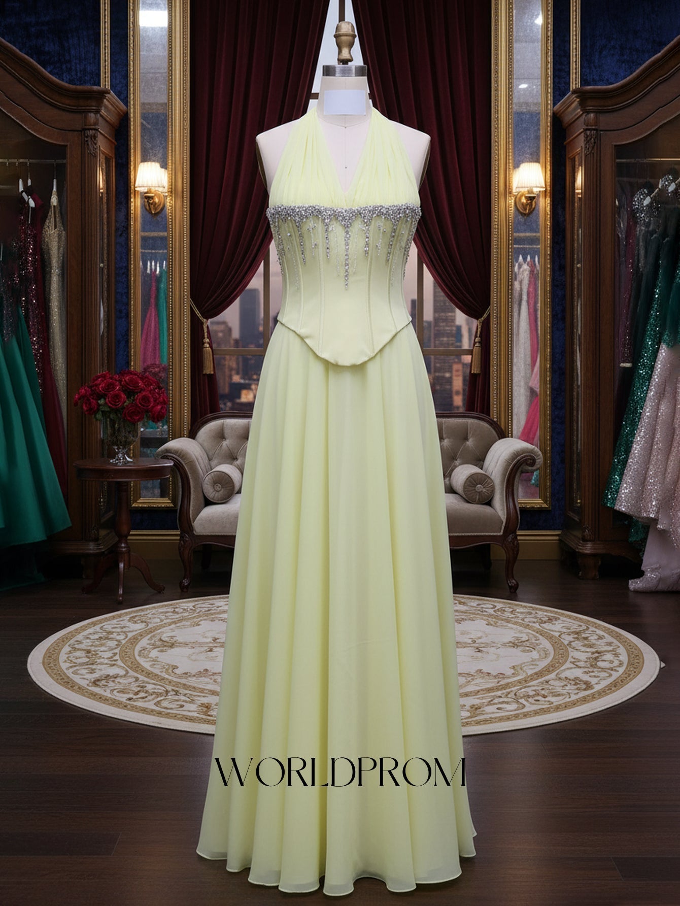 Halter Sparkly Beading Corset A-Line Long Prom Dress - Goose Yellow