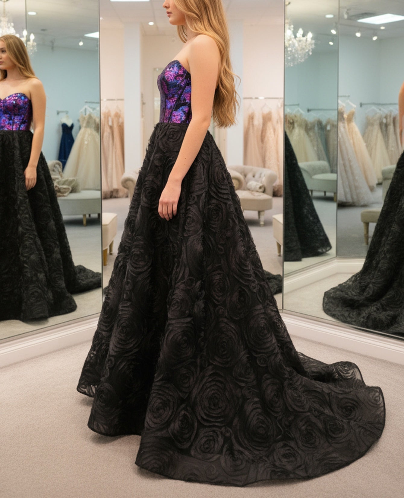 3D Flowers Spaghetti Shoulder Straps Floral Ball Gown Long Prom Dress - Black