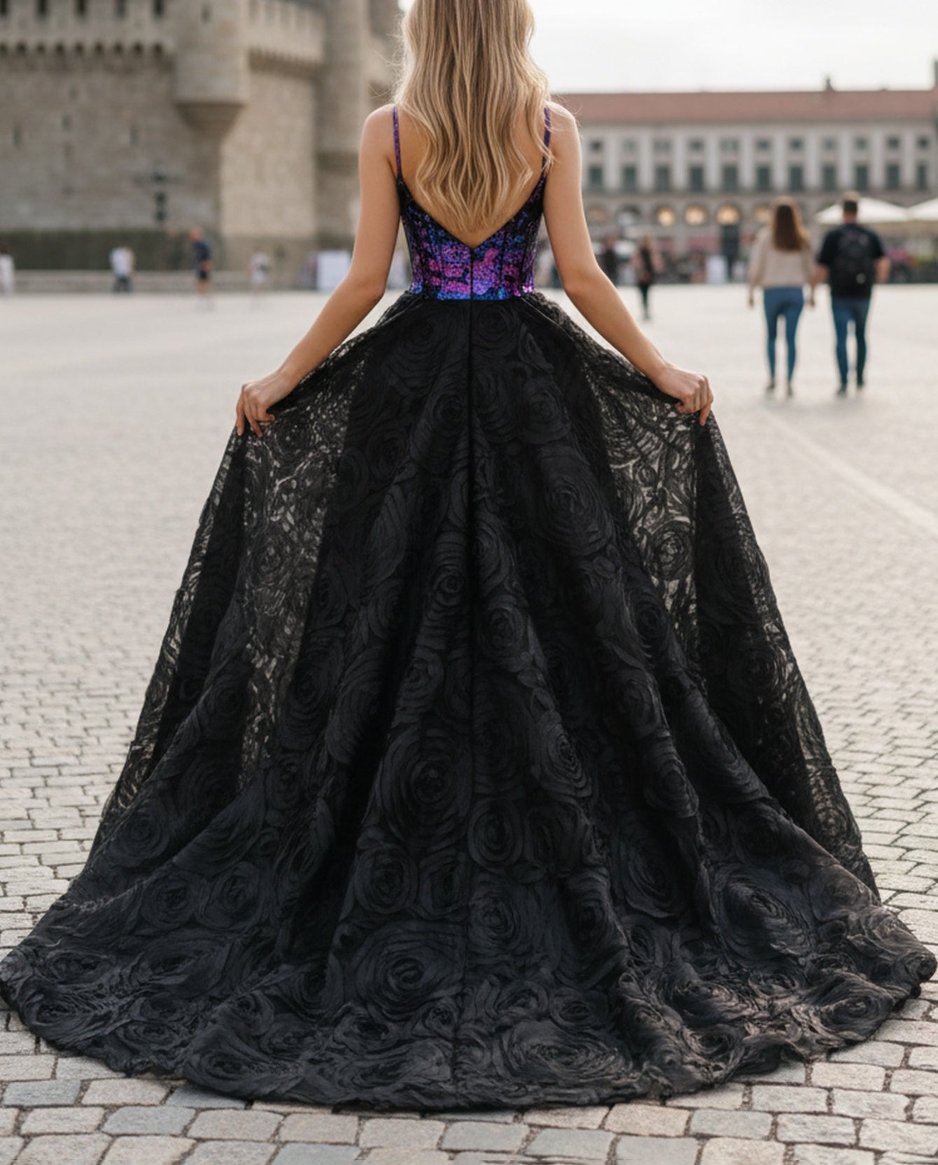 3D Flowers Spaghetti Shoulder Straps Floral Ball Gown Long Prom Dress - Black