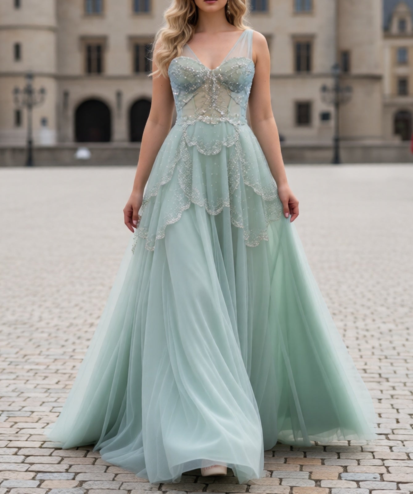 Tank Sparkly Beading Corset A-Line Long Prom Dress - Mint Green