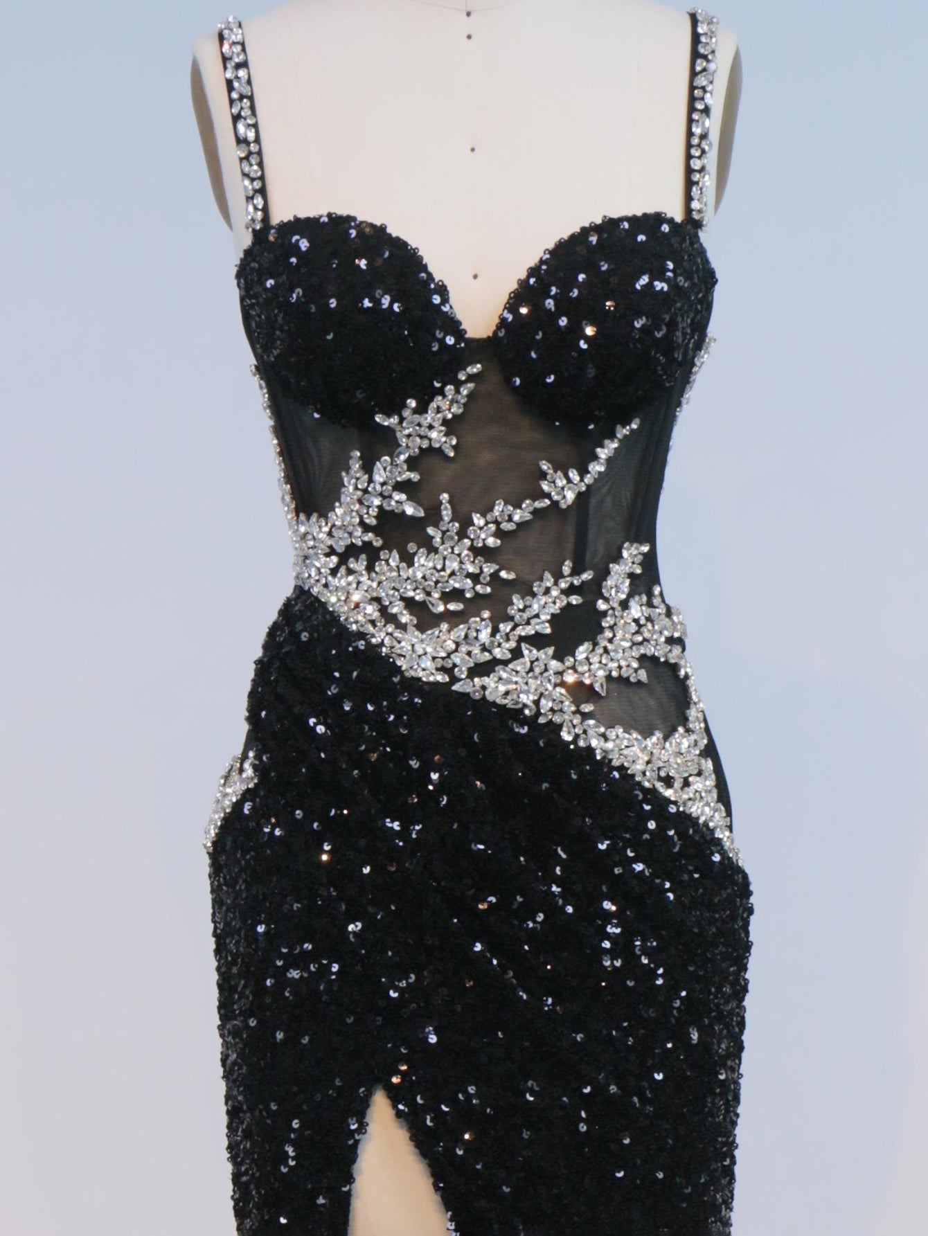 Rhinestone Spaghetti Straps Sparkly Illusion Mermaid Long Prom Dress With Slit - Black
