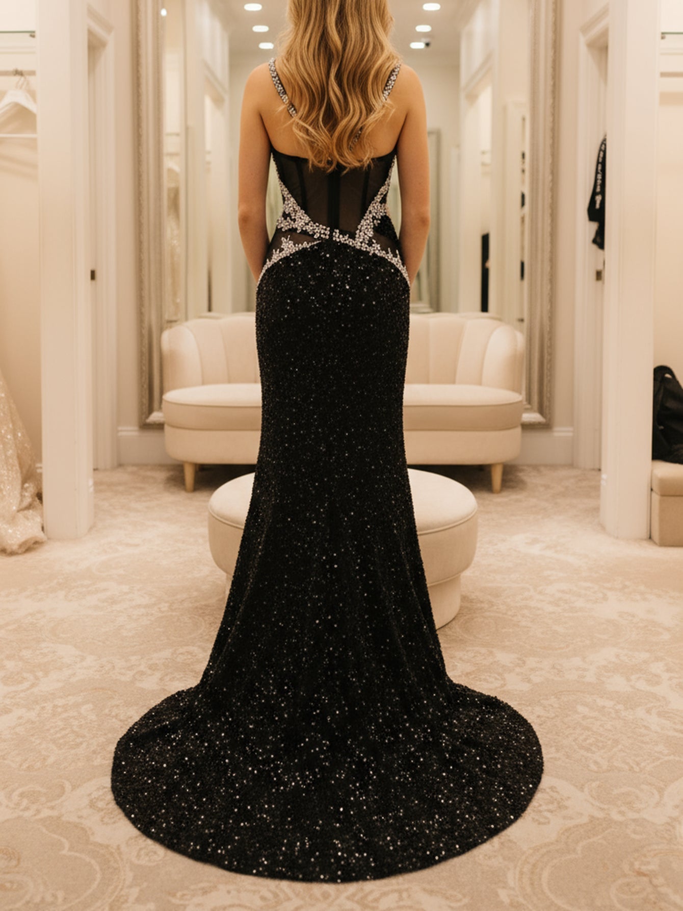 Rhinestone Spaghetti Straps Sparkly Illusion Mermaid Long Prom Dress With Slit - Black