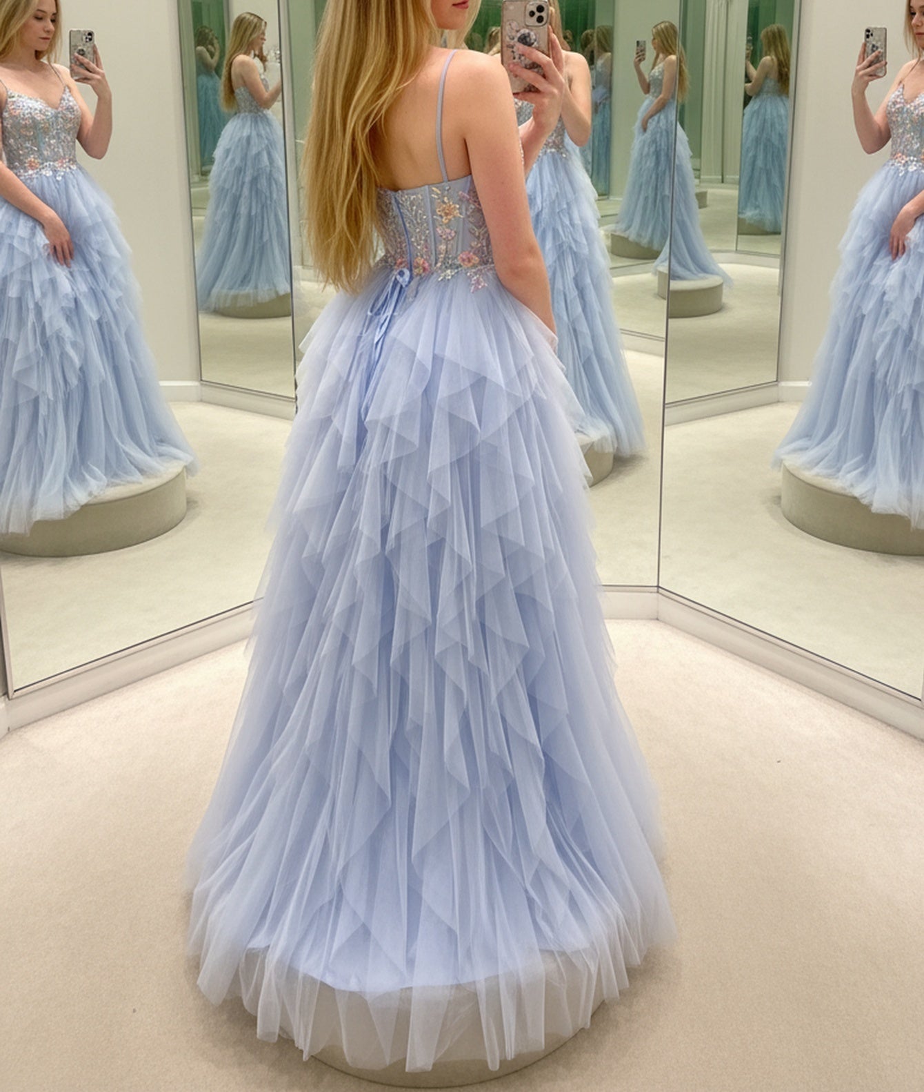 3D Flowers Hand Beading Spaghetti Shoulder Straps Ball Gown Long Prom Dress - Baby Blue