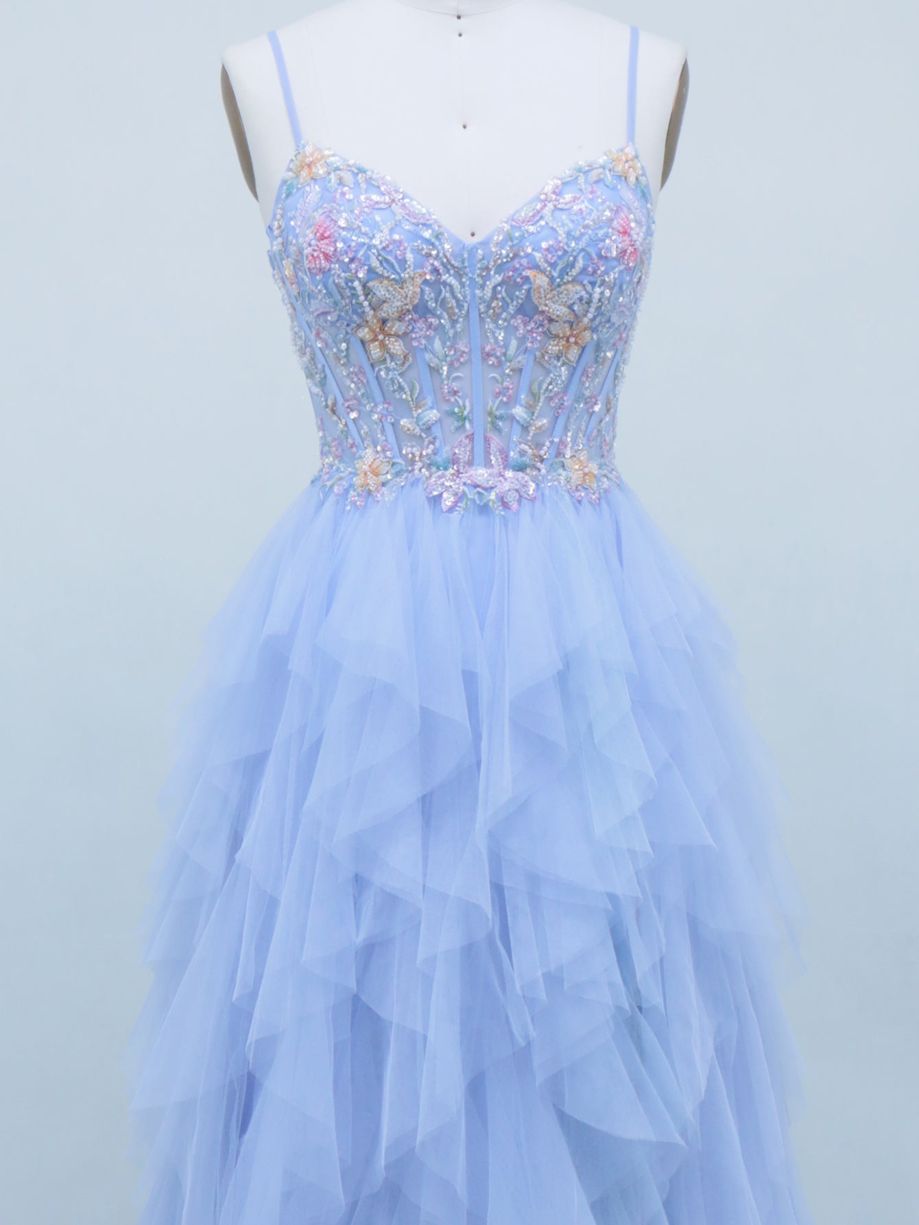3D Flowers Hand Beading Spaghetti Shoulder Straps Ball Gown Long Prom Dress - Baby Blue