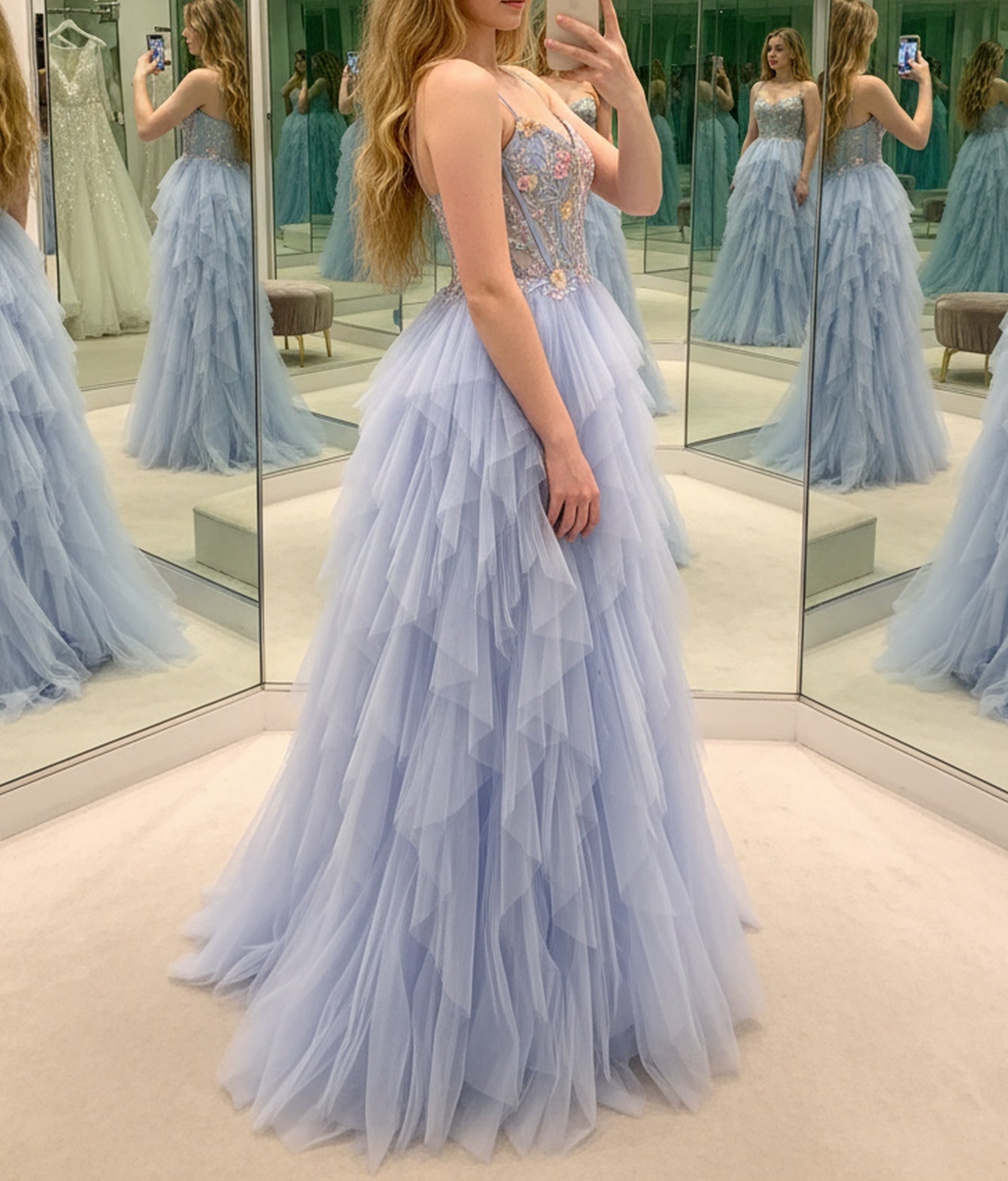 3D Flowers Hand Beading Spaghetti Shoulder Straps Ball Gown Long Prom Dress - Baby Blue