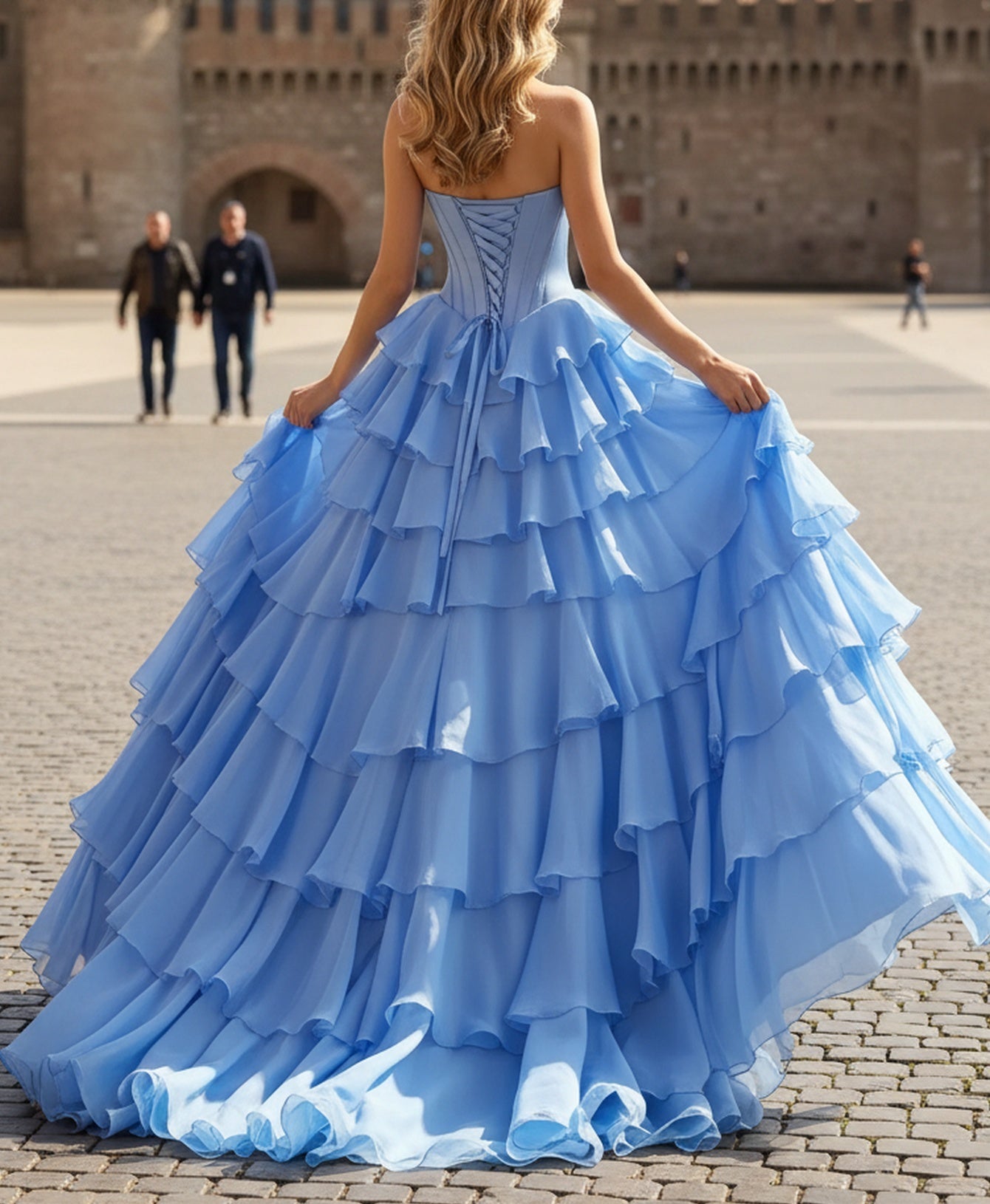 Sweetheart Lace Corset Layered Ruffle Hem Long Prom Dress With Slit - Light Blue