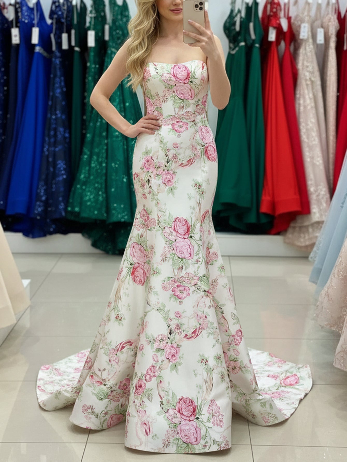 Strapless Corset Lace Up Floral Backless Mermaid Long Prom Dress - Pink Floral