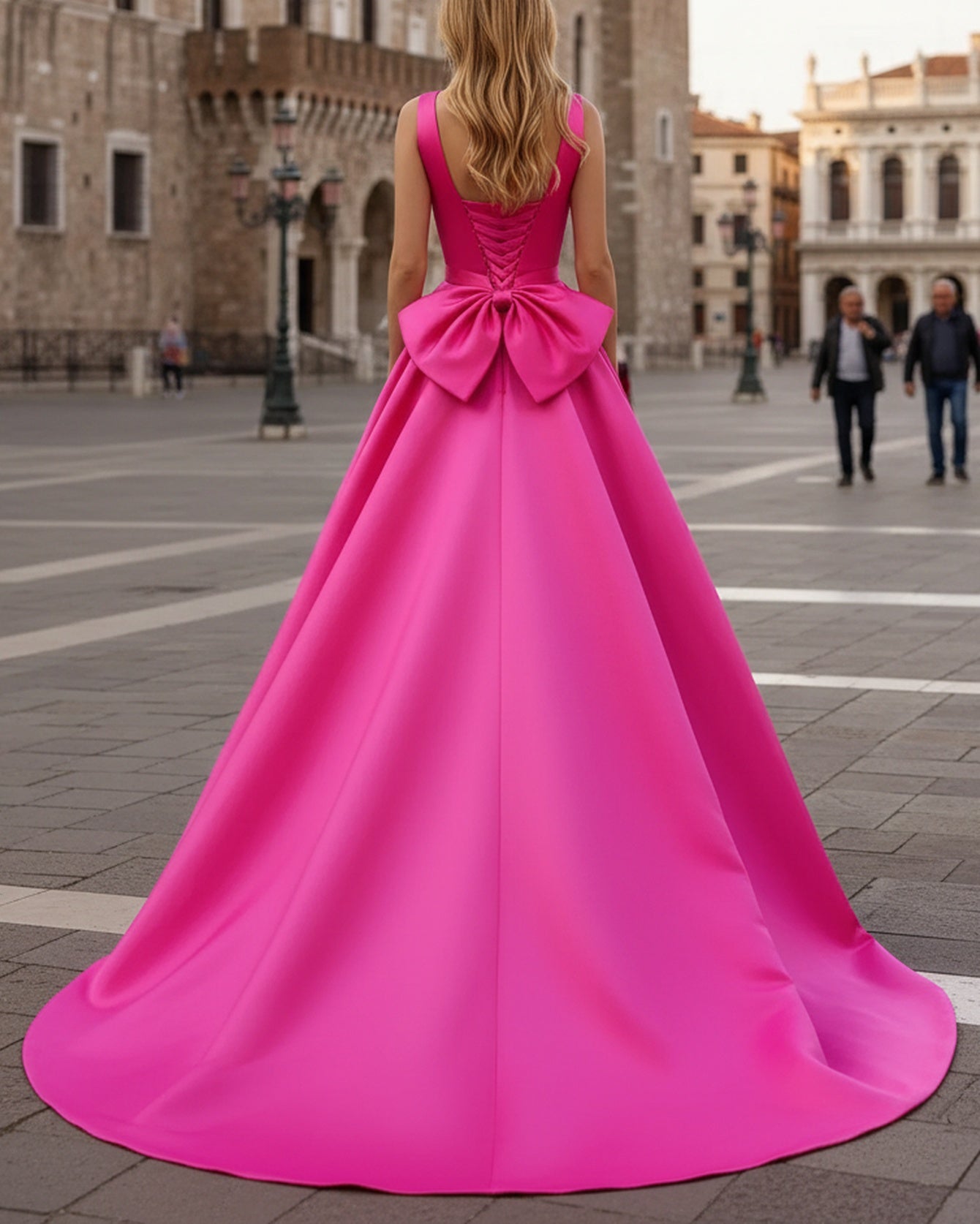 Tank Bow Coset Lace Up Ball Gown Long Prom Dress - Hot Pink