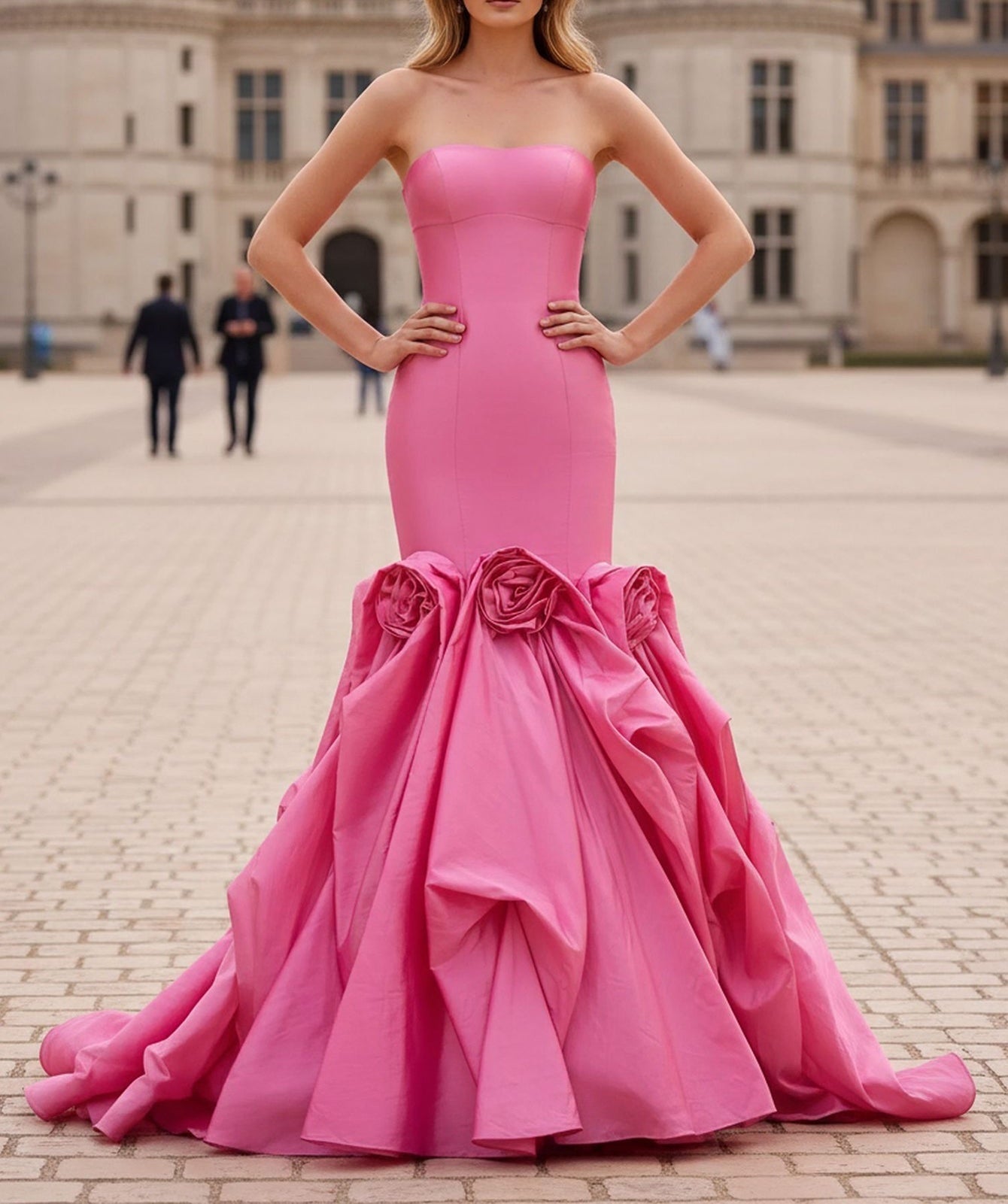 3D Flowers Corset Lace Up Long Mermaid Prom Dress - Hot Pink