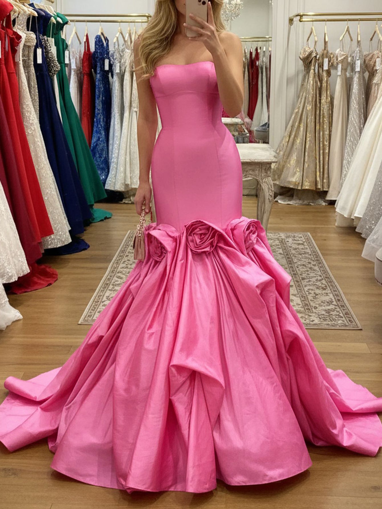 3D Flowers Corset Lace Up Long Mermaid Prom Dress - Hot Pink