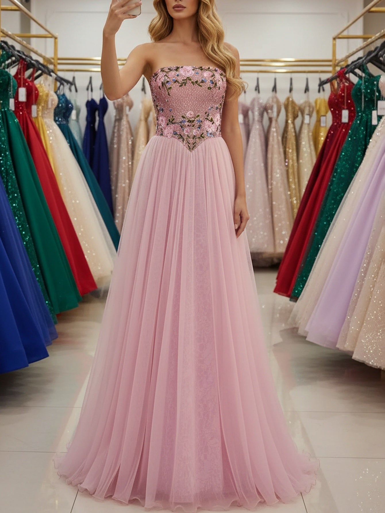 Hot Fix Crystal Corset Floral Long A-Line Prom Dress - Pink