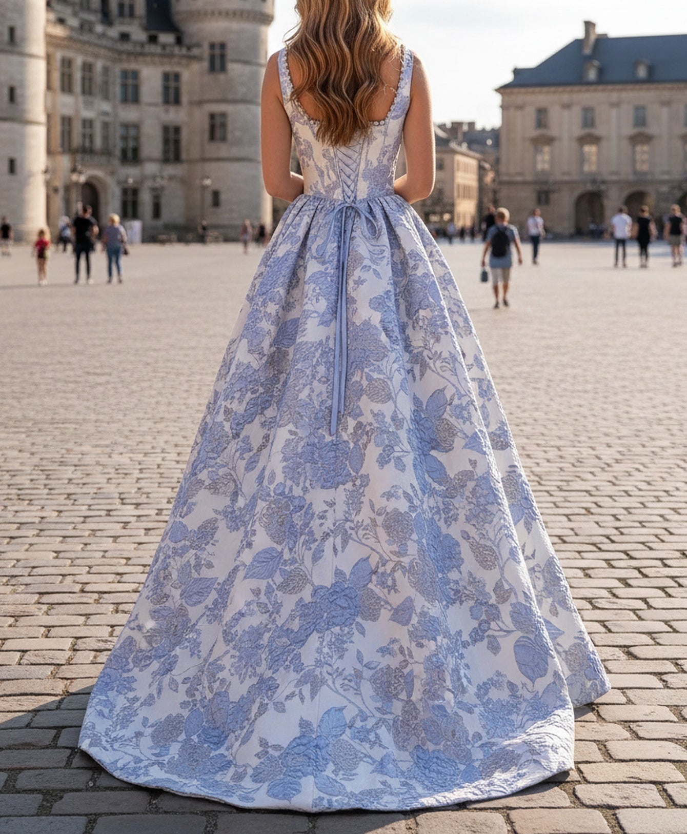 Tank Sparkly Beading Square Floral Long Ball Gown Prom Dress - Blue Floral