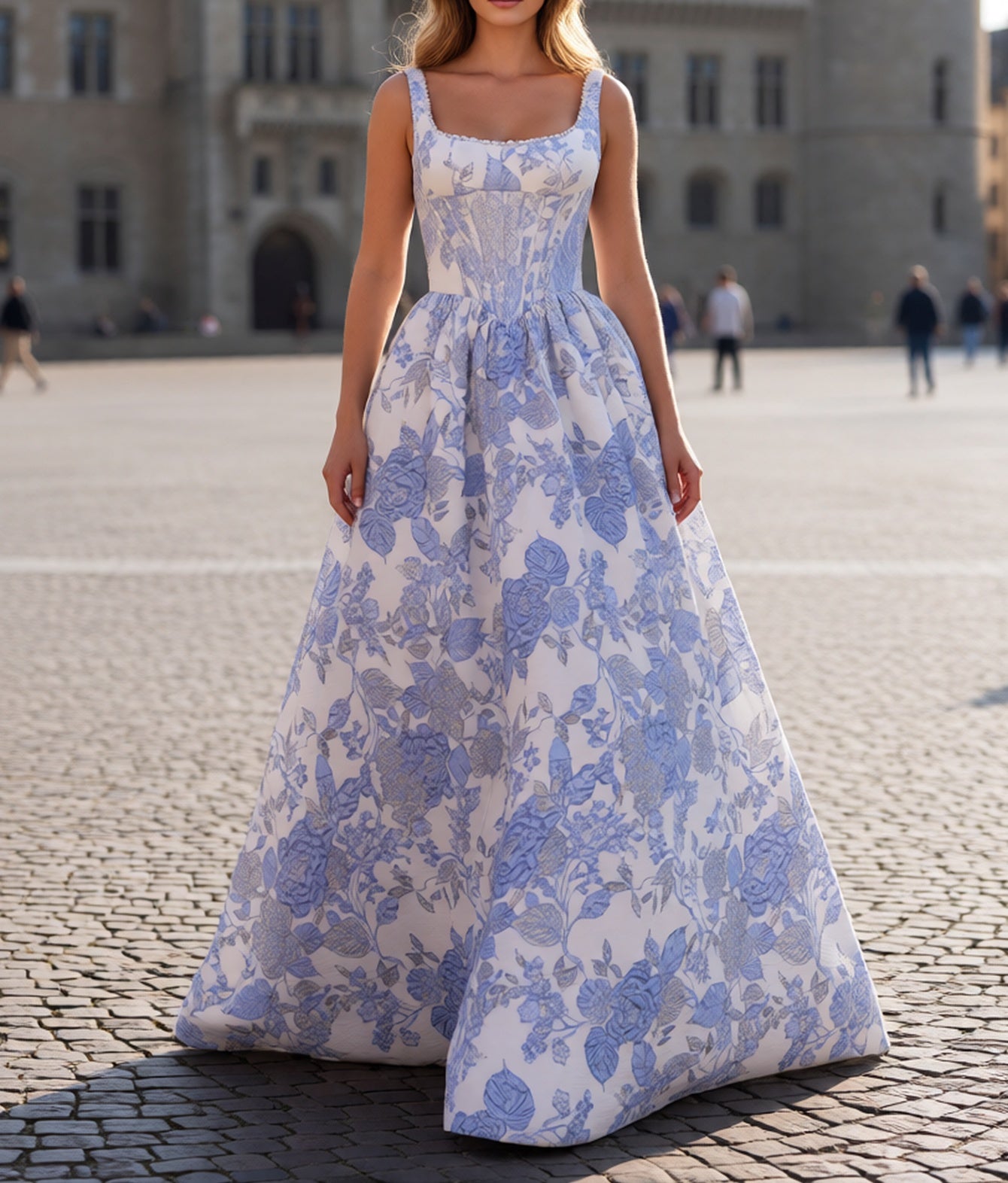 Tank Sparkly Beading Square Floral Long Ball Gown Prom Dress - Blue Floral