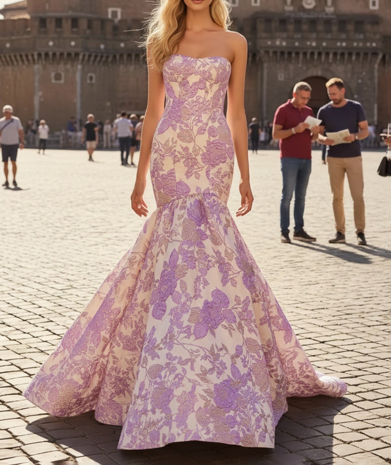 Floral Strapless Corset Lace Up Long Mermaid Prom Dress - Lilac Floral