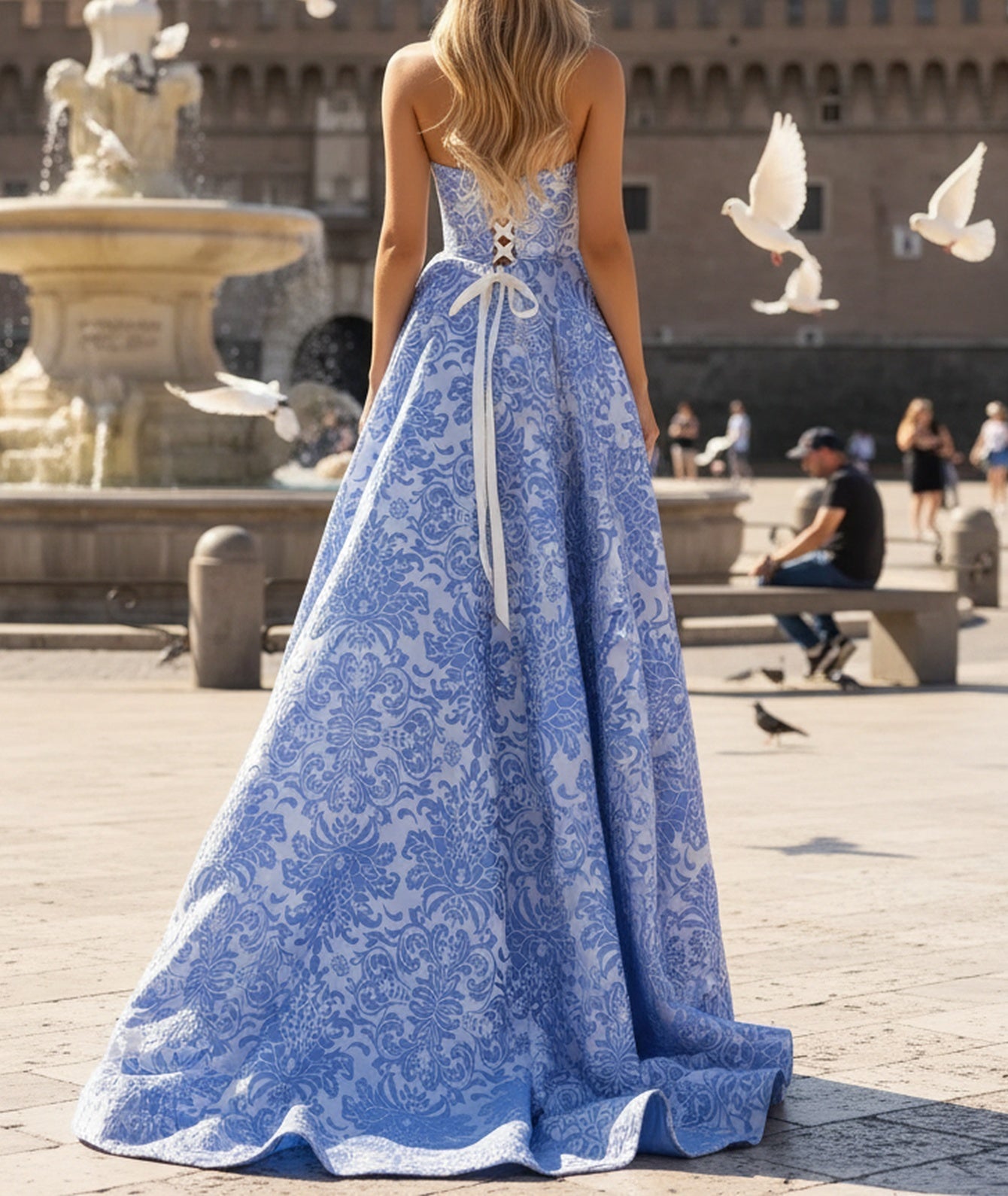 Strapless Corset Lace Up Long A-Line Prom Dress With Slit And Pocket - Blue Floral