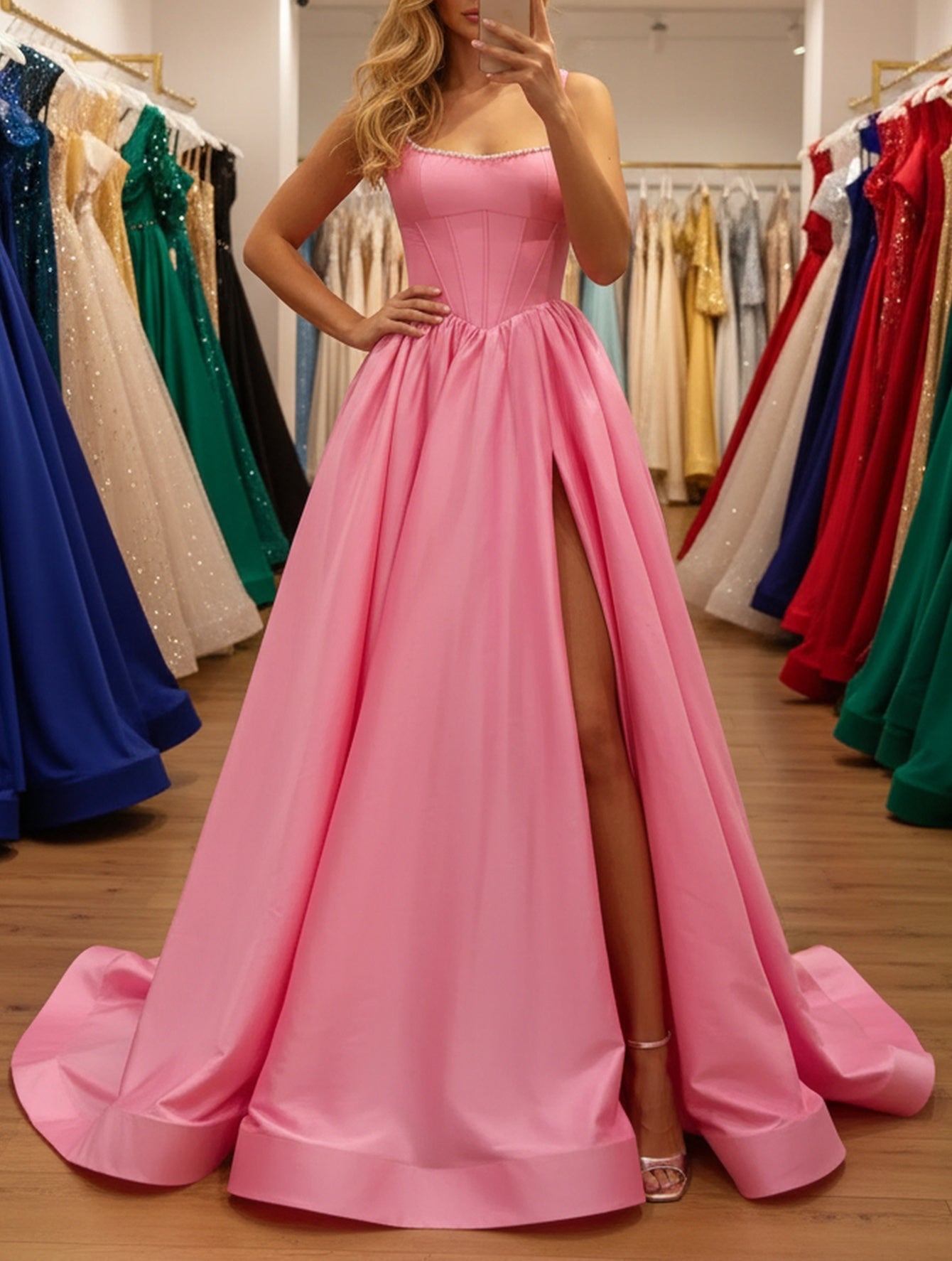 Pearls Like Corset Long A-Line Prom Dress With Slit - Hot Pink