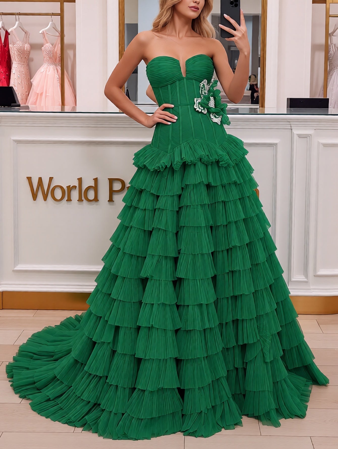 3D Rose Waist Strapless Tiered Ball Gown Evening Dress - Green