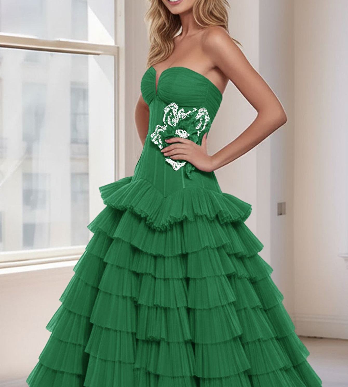 3D Rose Waist Strapless Tiered Ball Gown Evening Dress - Green