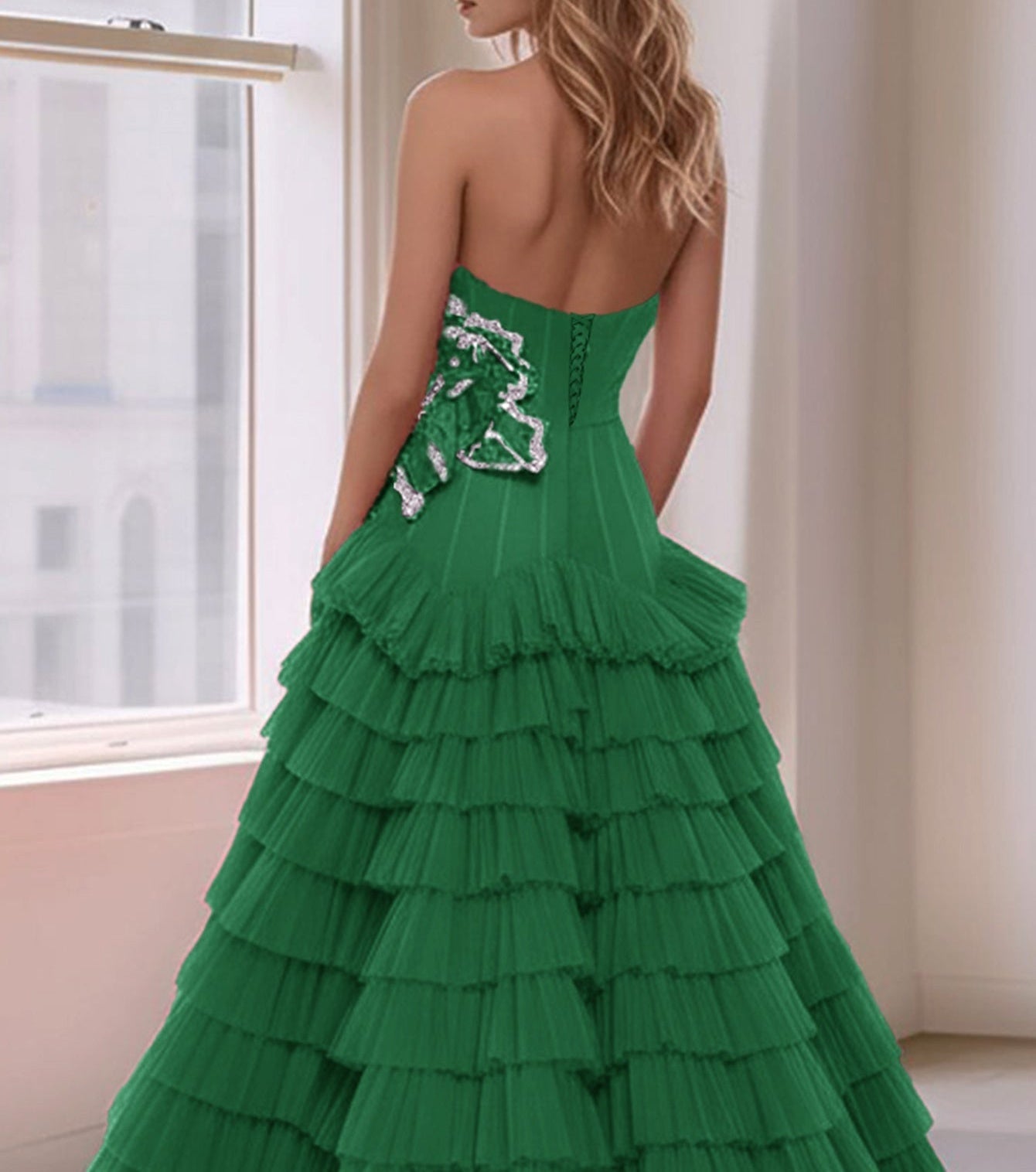 3D Rose Waist Strapless Tiered Ball Gown Evening Dress - Green
