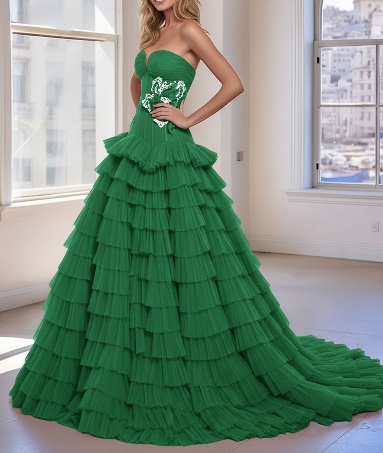3D Rose Waist Strapless Tiered Ball Gown Evening Dress - Green