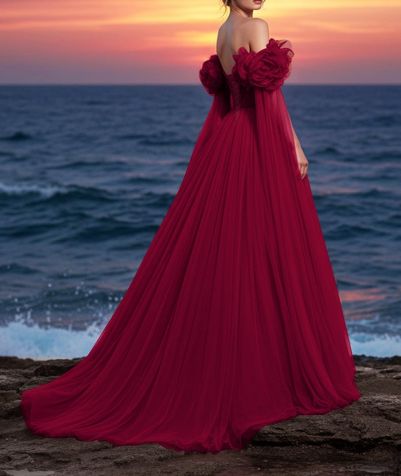 Off Shoulder 3D Rose Ball Gown Evening Dress With Long Sleeve - Burgundy