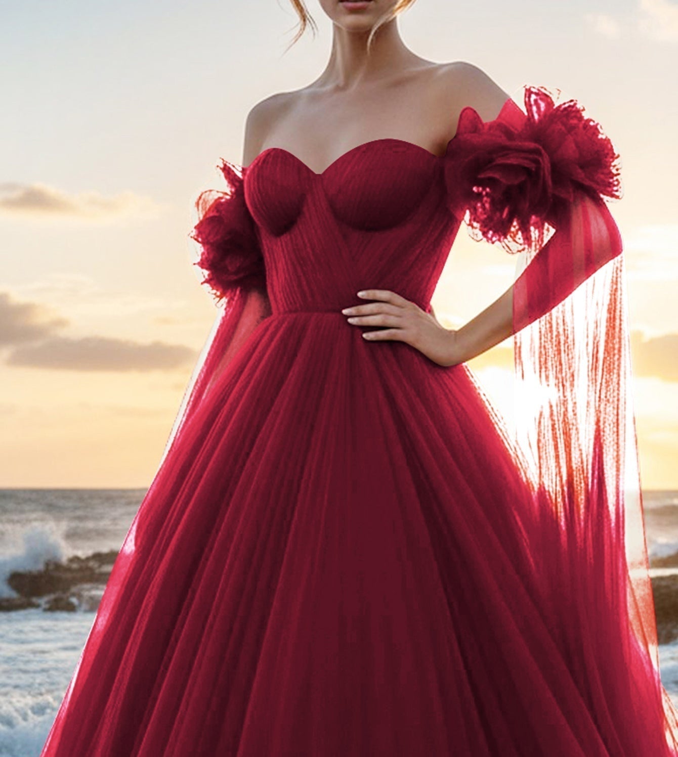 Off Shoulder 3D Rose Ball Gown Evening Dress With Long Sleeve - Burgundy
