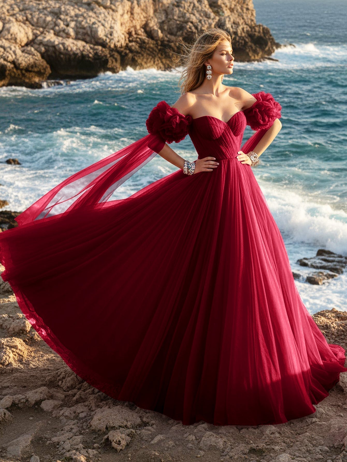 Off Shoulder 3D Rose Ball Gown Evening Dress With Long Sleeve - Burgundy