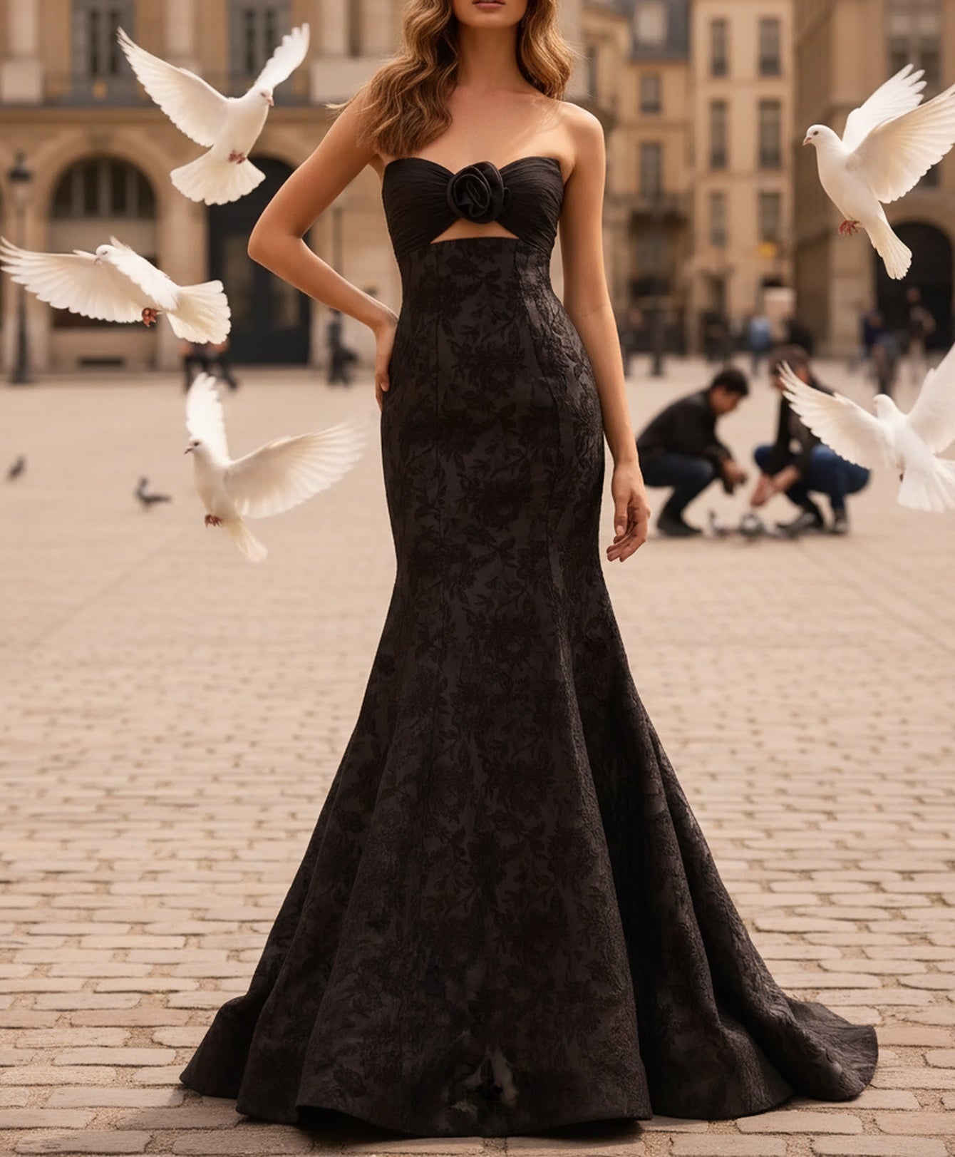 3D Flower Pleated Cut Front Embroidery Lace Up Bodice Long Mermaid Prom Dress - Black