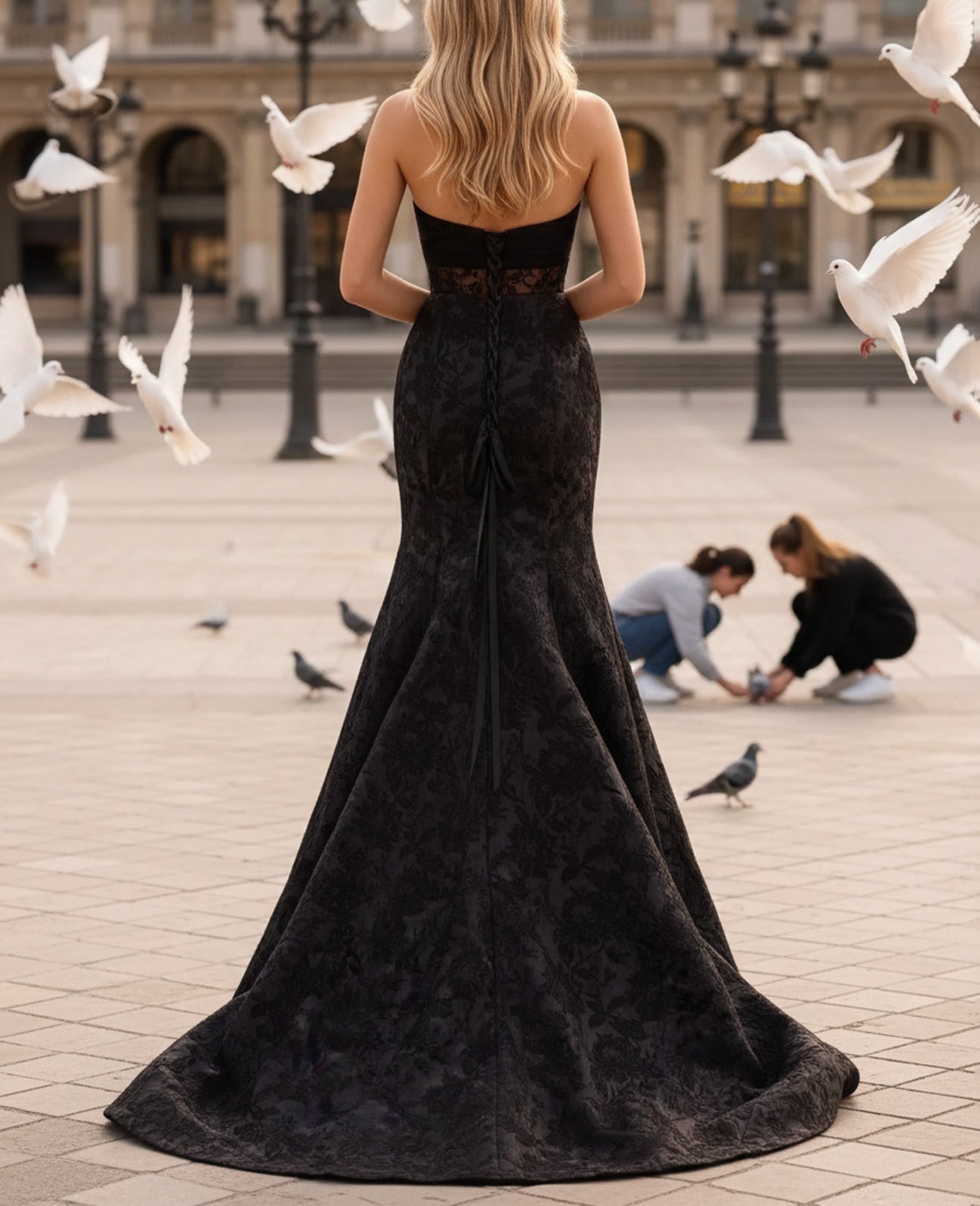 3D Flower Pleated Cut Front Embroidery Lace Up Bodice Long Mermaid Prom Dress - Black