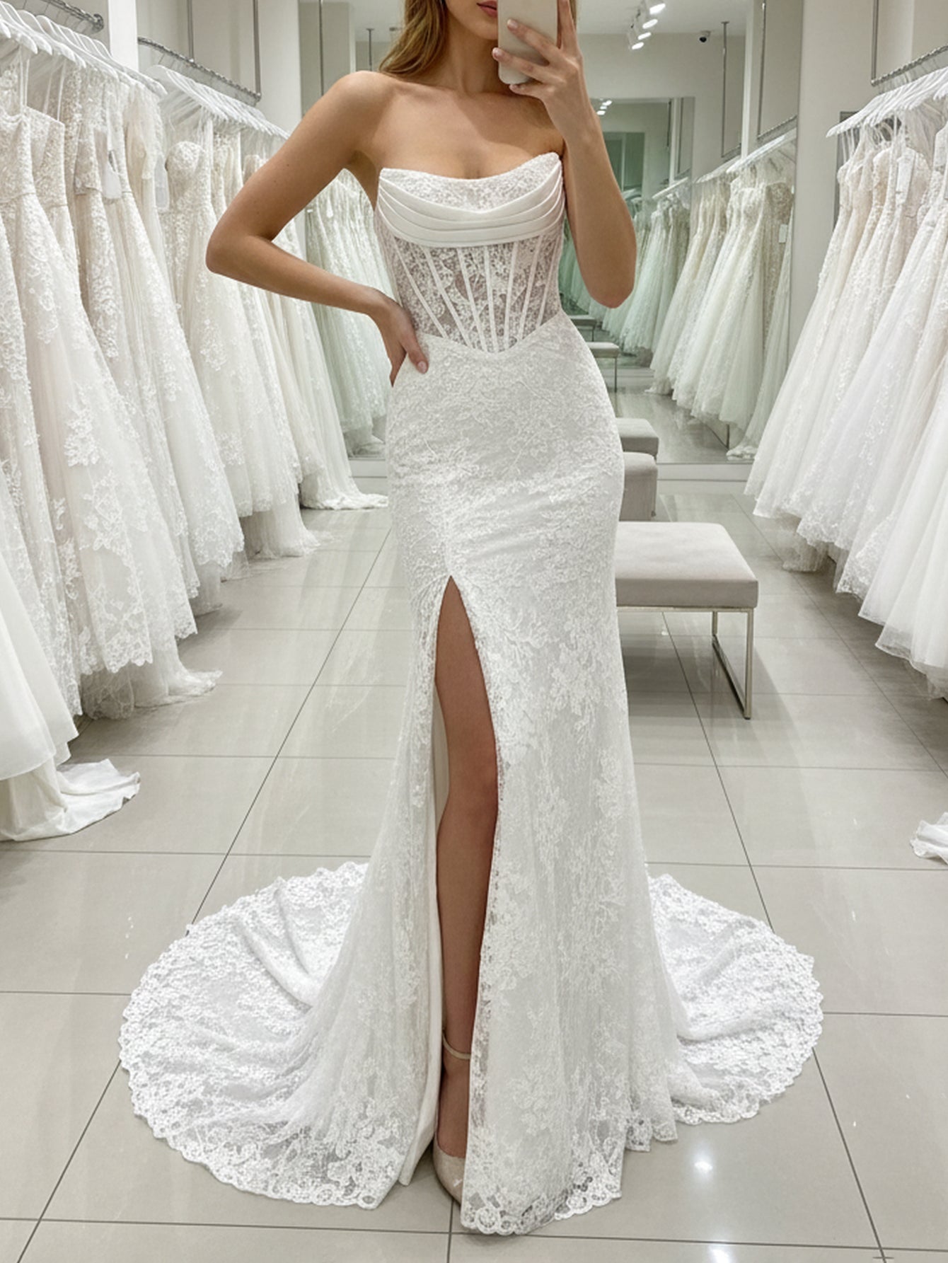 Ruched Embroidery Illusion Lace Up Bodice Long Mermaid Prom Dress With Slit - White