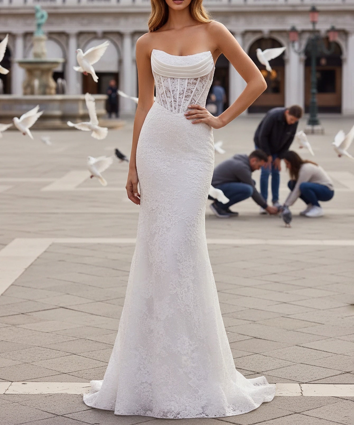 Ruched Embroidery Lace Up Illusion Bodice Long Mermaid Prom Dress - White