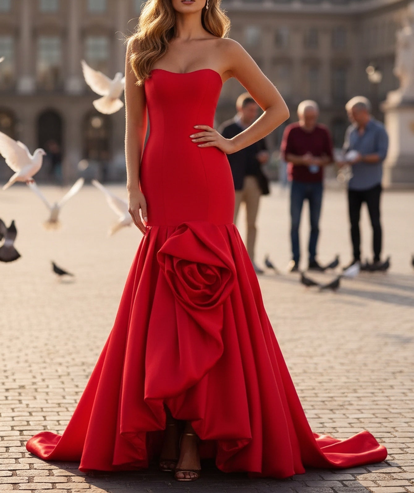 3D Flower Strapless Satin Corset Pleated Lace up Long Mermaid Prom Dress With Slit - Red