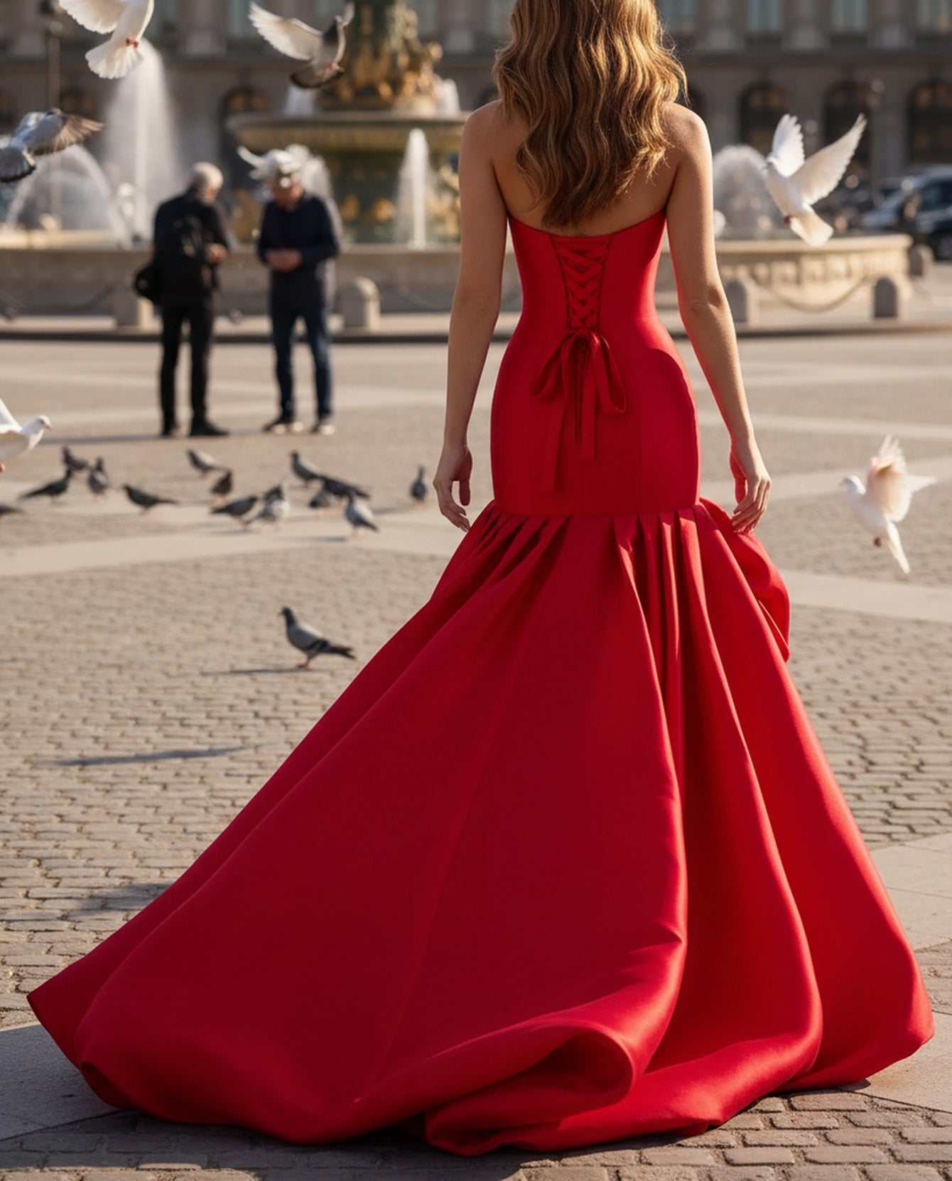 3D Flower Strapless Satin Corset Pleated Lace up Long Mermaid Prom Dress With Slit - Red