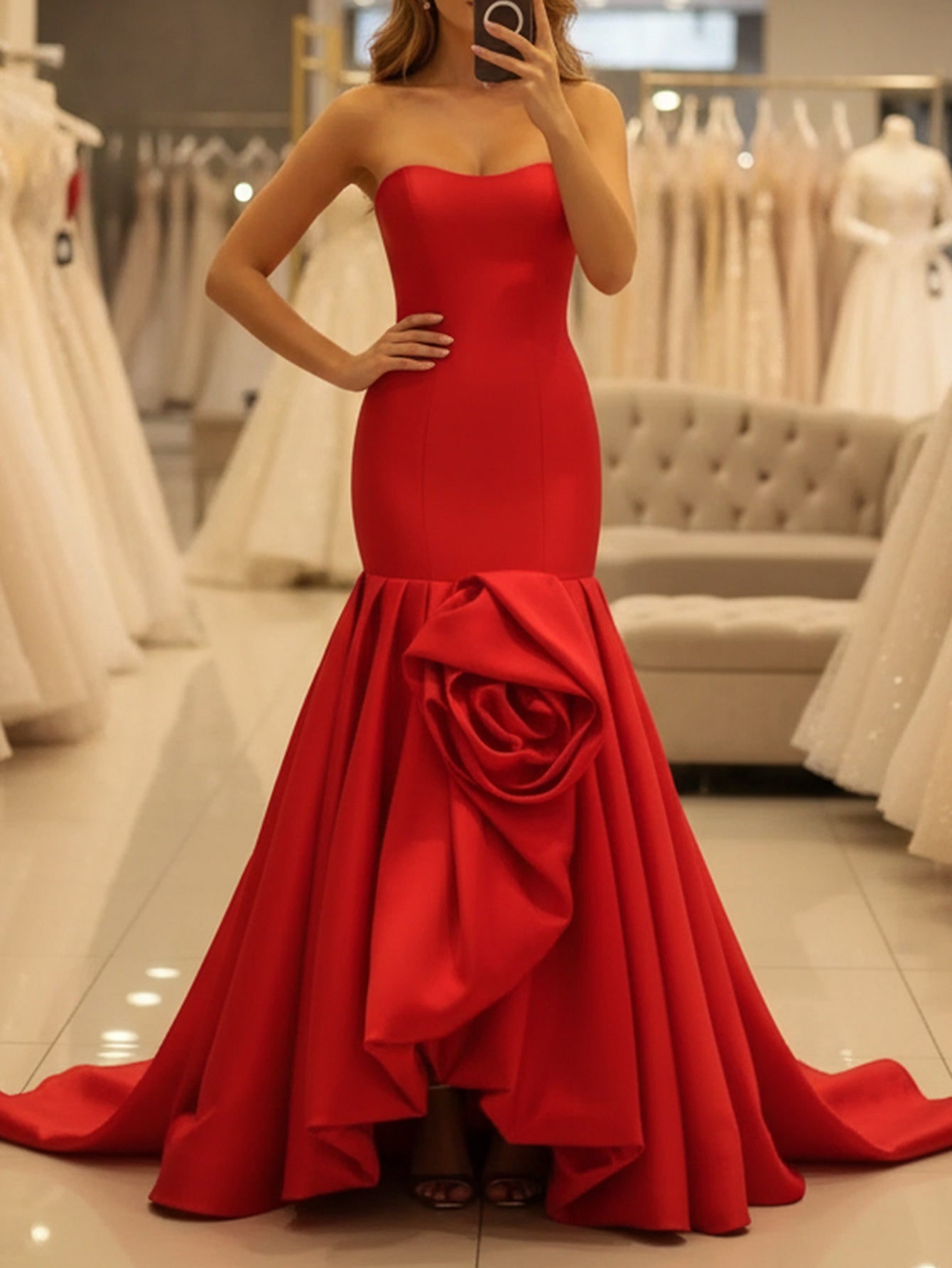 3D Flower Strapless Satin Corset Pleated Lace up Long Mermaid Prom Dress With Slit - Red